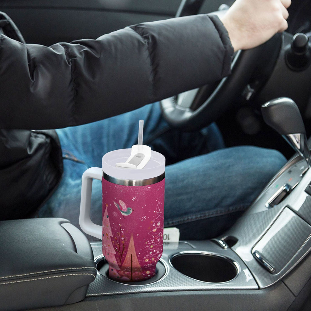 40 oz Insulated Stainless Steel Tumbler Double Wall Stainless Steel Tumbler with 2-Way Drinking Pink Christmas Forest Edition-82N0