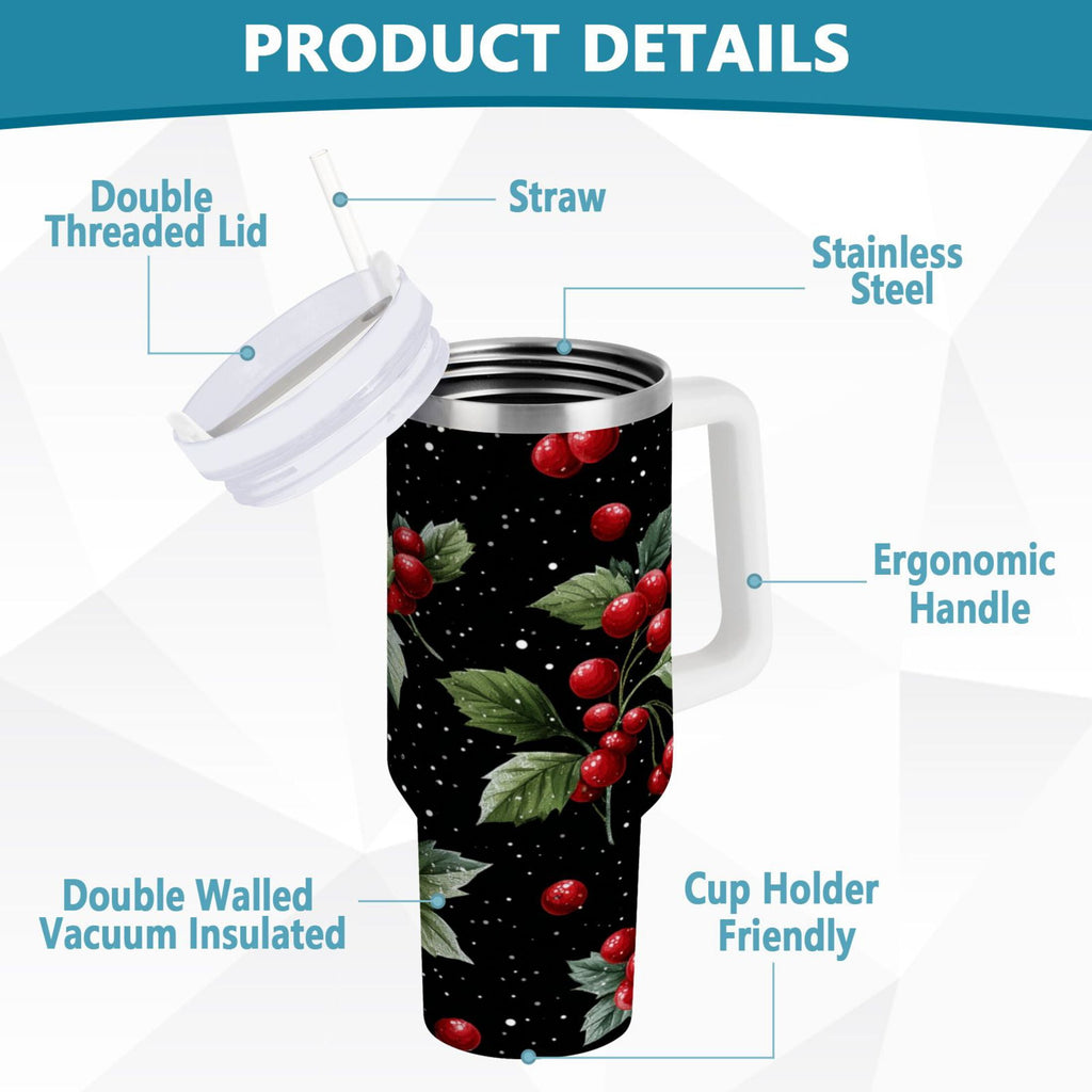 40 oz Insulated Stainless Steel Tumbler Double Wall Stainless Steel Tumbler with 2-Way Drinking Red Holly Berries Pattern Edition-537V