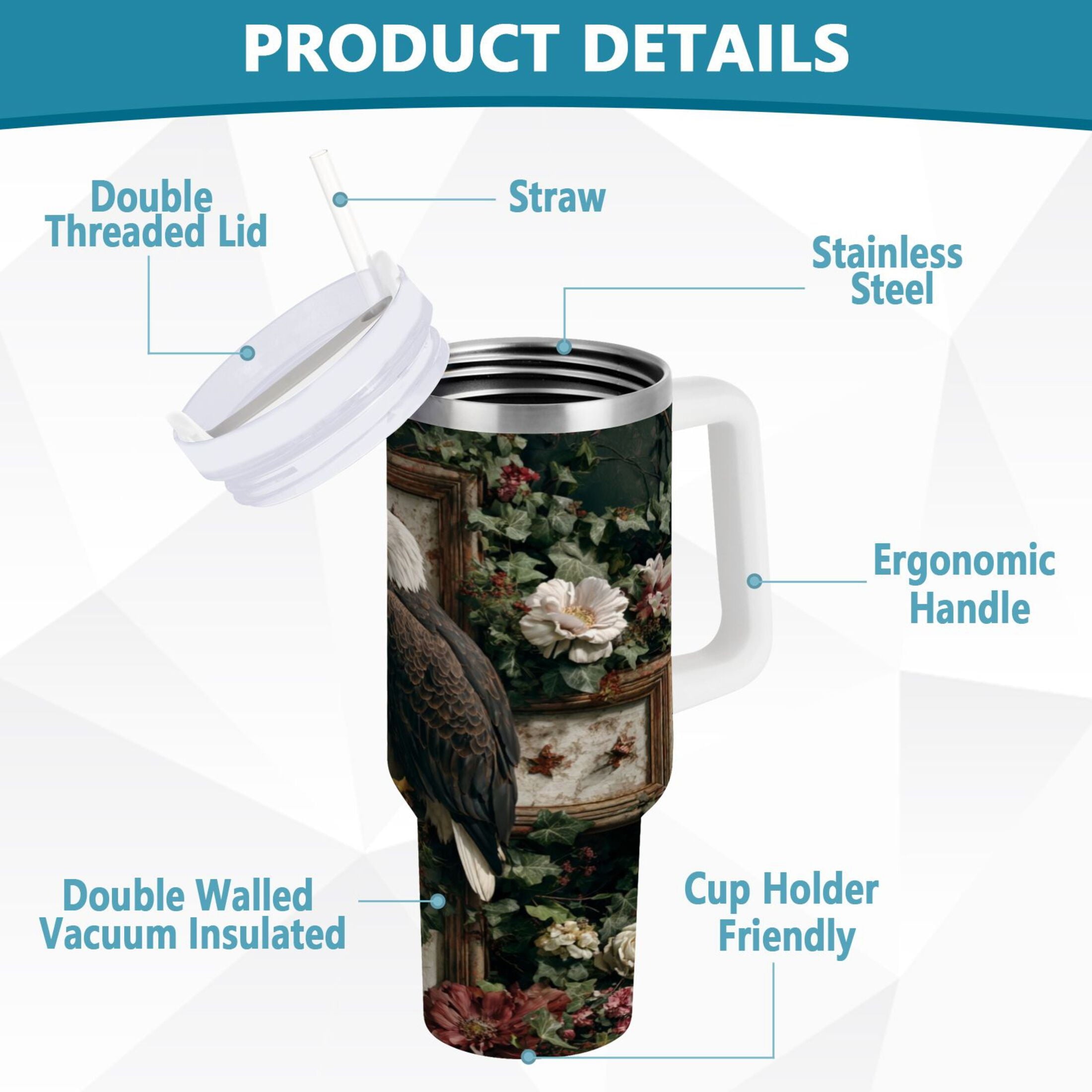 30 oz Insulated Stainless Steel Tumbler Double Wall Stainless Steel Tumbler with 2-Way Drinking Wreath and Bald Eagle Edition-S4FC