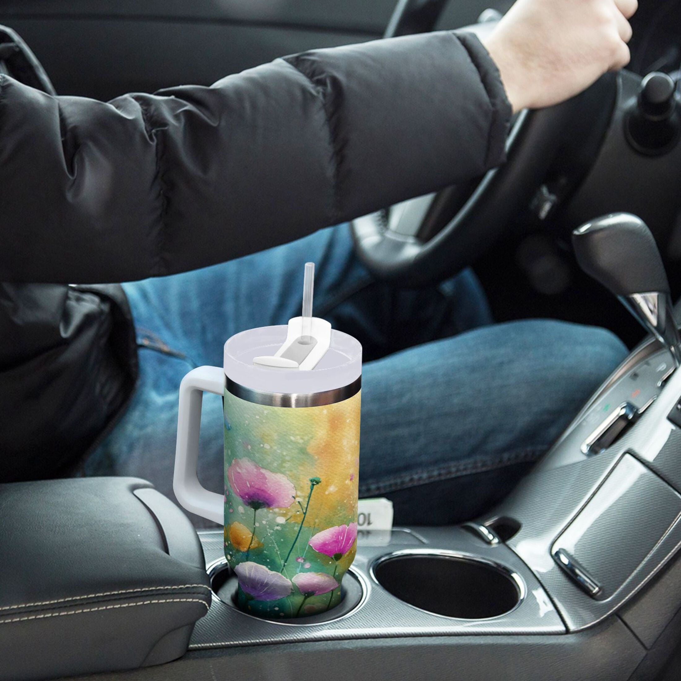 30 oz Insulated Stainless Steel Tumbler Double Wall Stainless Steel Tumbler with 2-Way Drinking Watercolor Wildflowers Edition-85KE