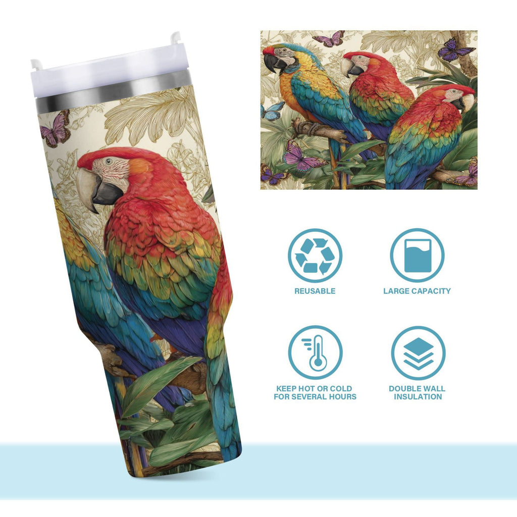 30 oz Insulated Stainless Steel Tumbler Double Wall Stainless Steel Tumbler with 2-Way Drinking Colorful Beautiful Parrots Edition-LSQ0
