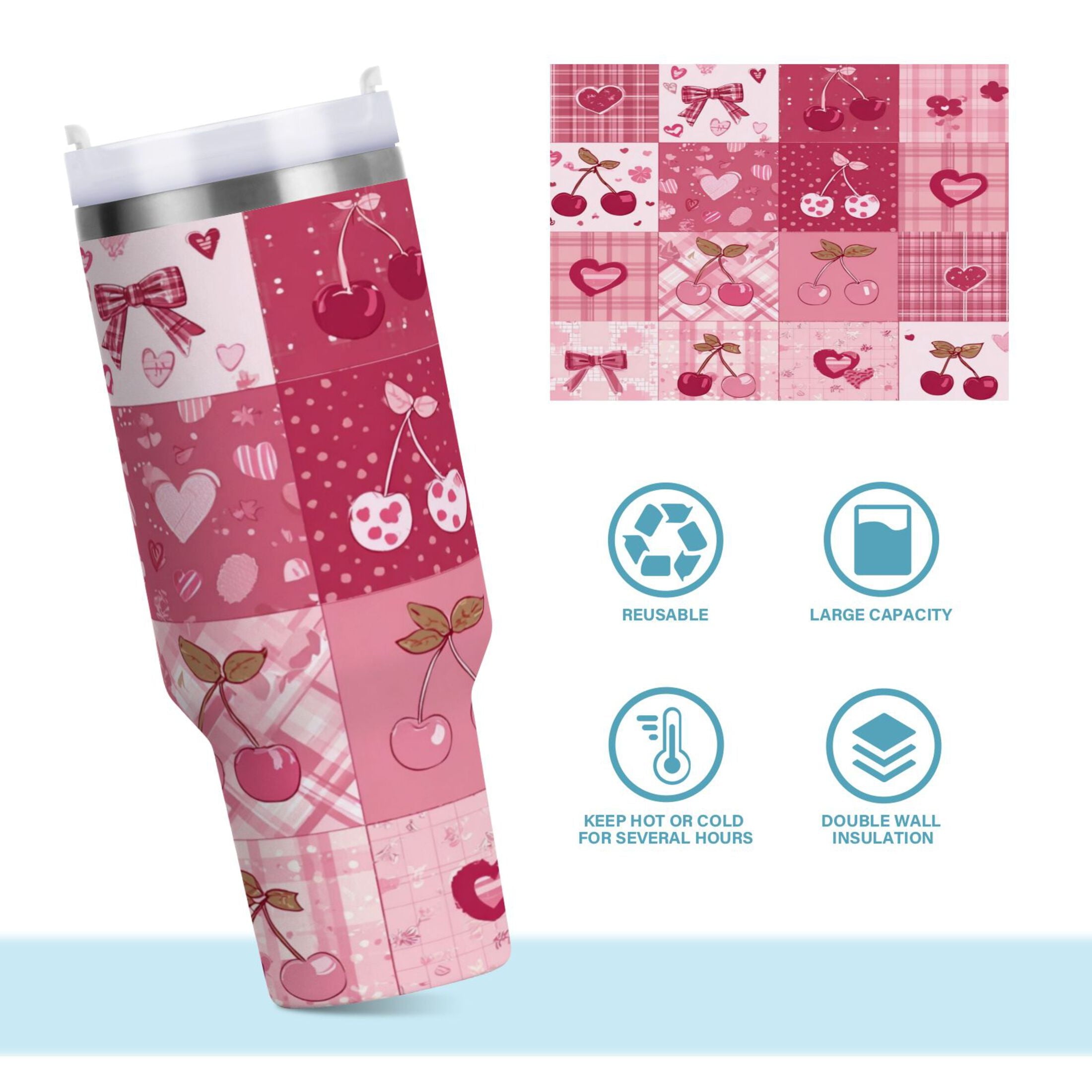30 oz Insulated Stainless Steel Tumbler Double Wall Stainless Steel Tumbler with 2-Way Drinking Cherry Pattern with Bows Edition-65T1