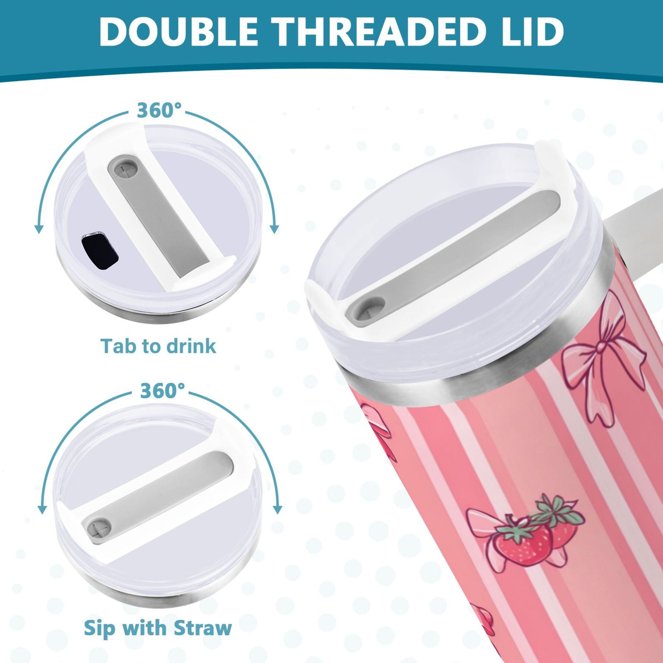 30 oz Insulated Stainless Steel Tumbler Double Wall Stainless Steel Tumbler with 2-Way Drinking Pink Bows and Strawberries Edition-BMYI