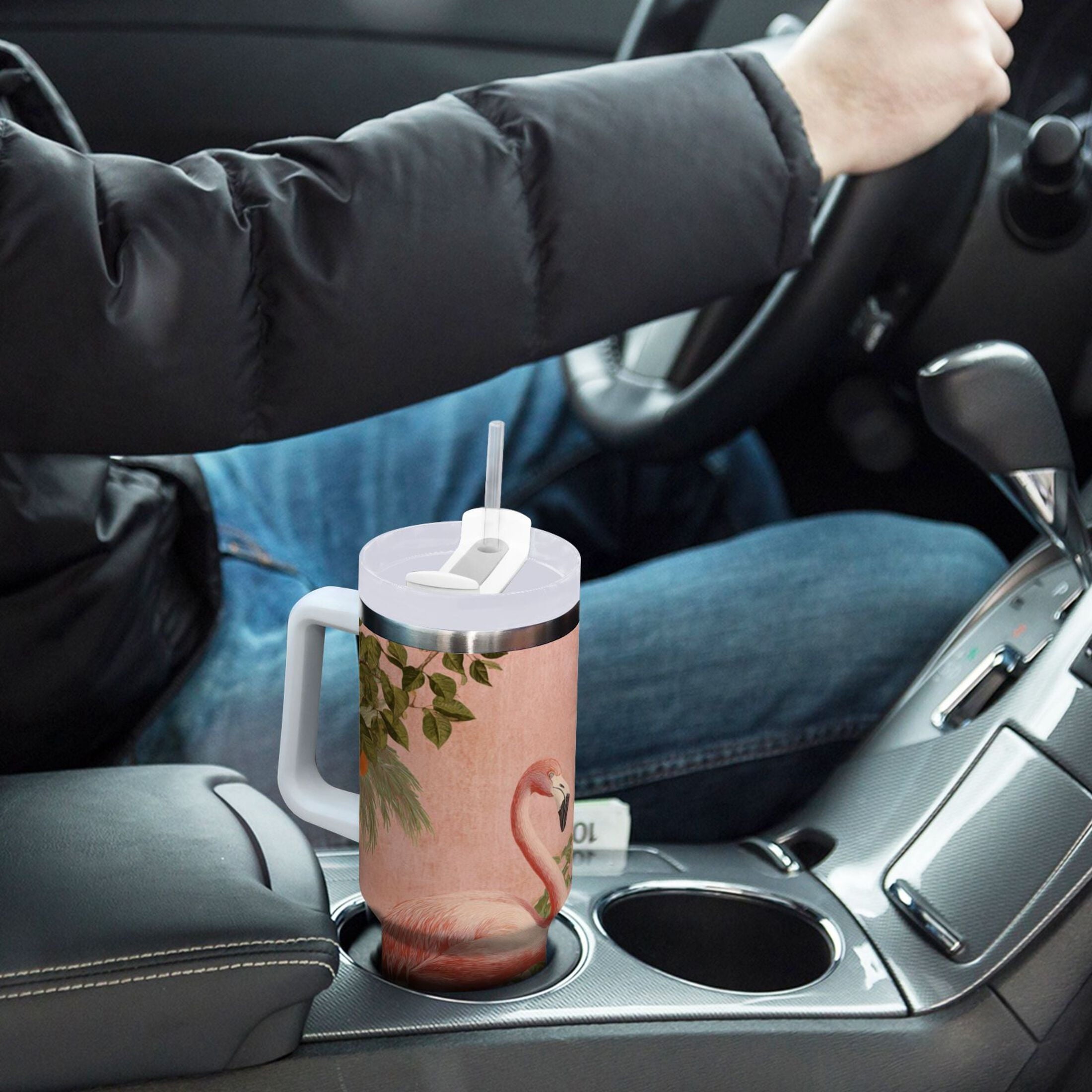 40 oz Insulated Stainless Steel Tumbler Double Wall Stainless Steel Tumbler with 2-Way Drinking Flamingos in Tropical Garden Edition-HXK2
