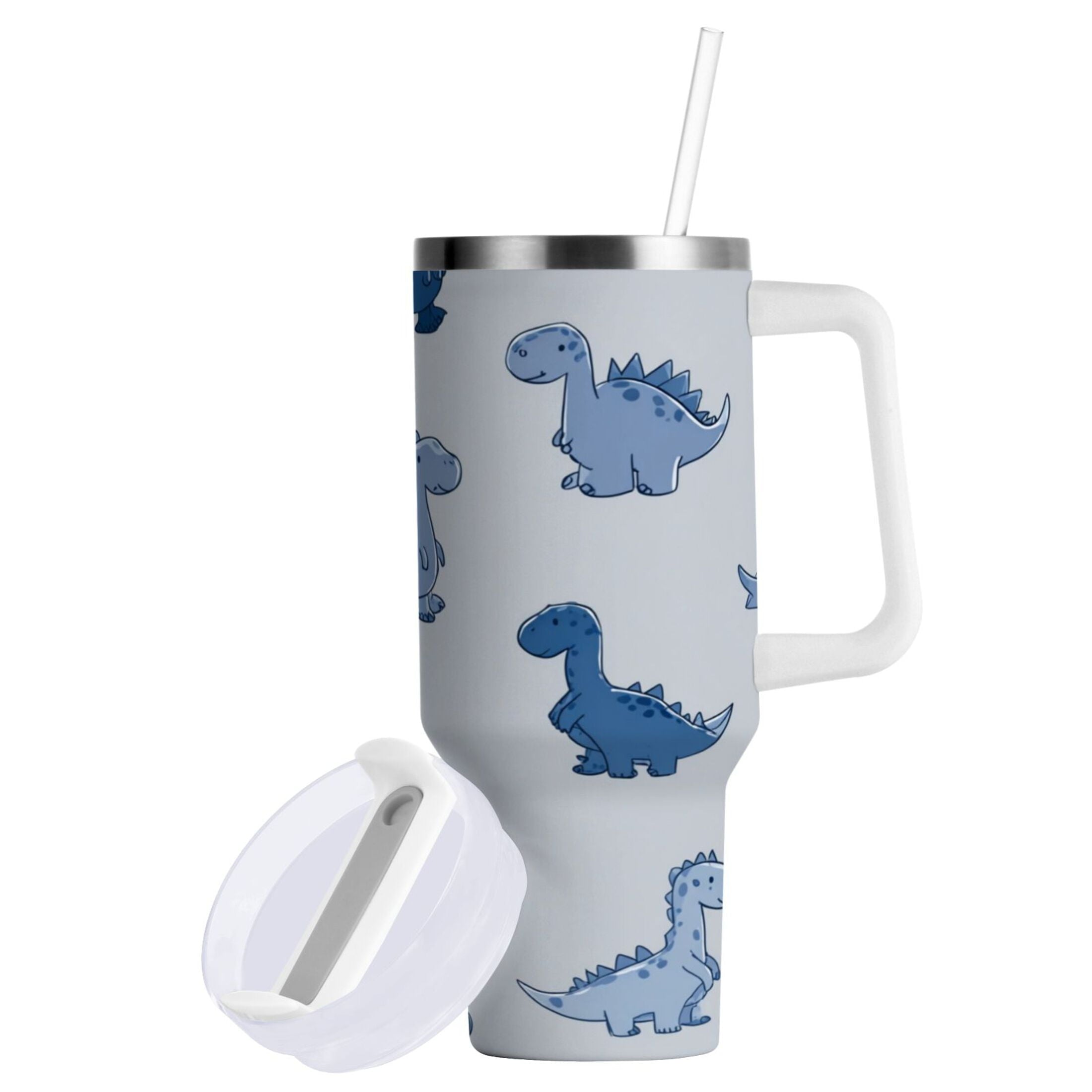 30 oz Insulated Stainless Steel Tumbler Double Wall Stainless Steel Tumbler with 2-Way Drinking Cute Blue Dinosaurs Edition-D192