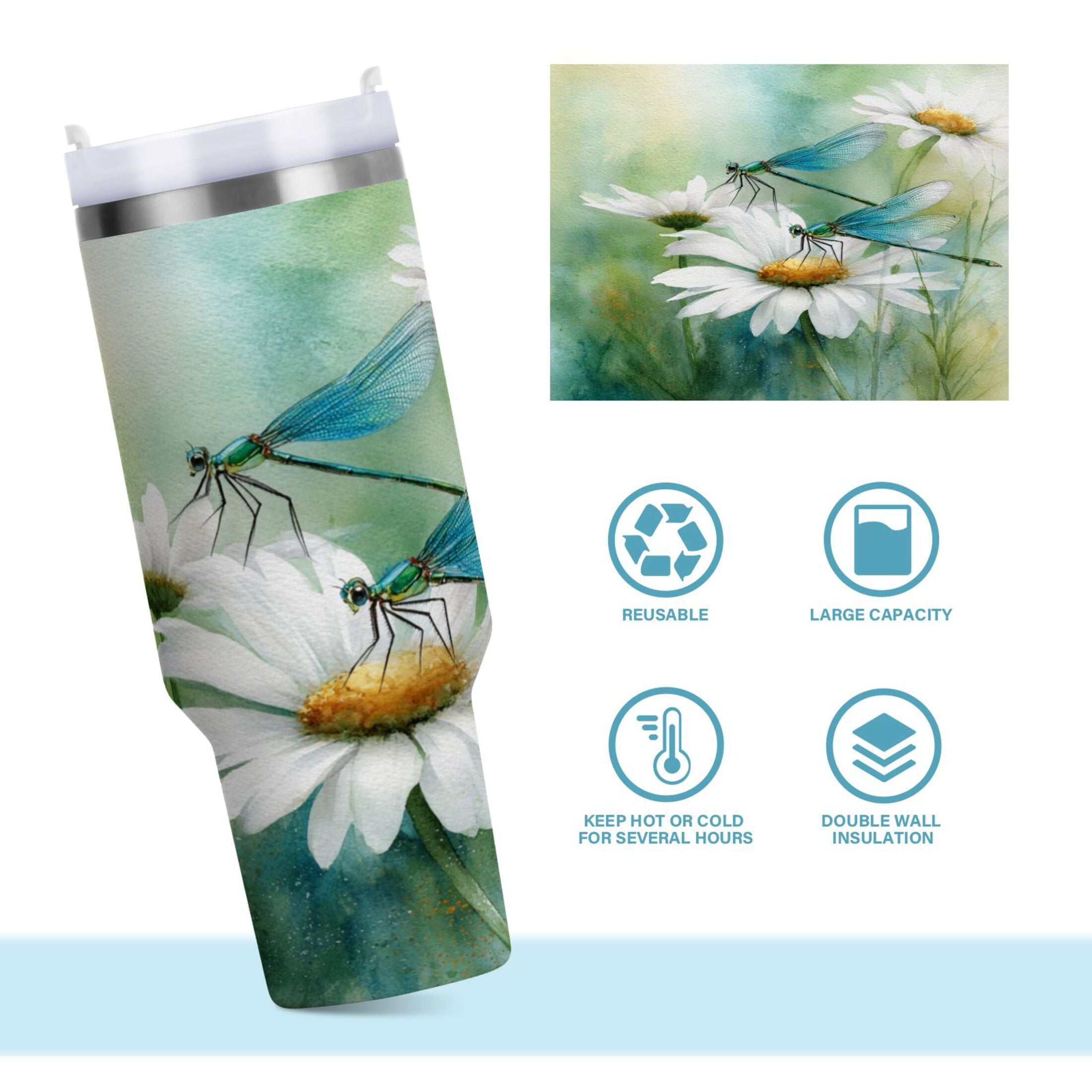30 oz Insulated Stainless Steel Tumbler Double Wall Stainless Steel Tumbler with 2-Way Drinking Beautiful Dragonflies and Daisies Edition-LX77