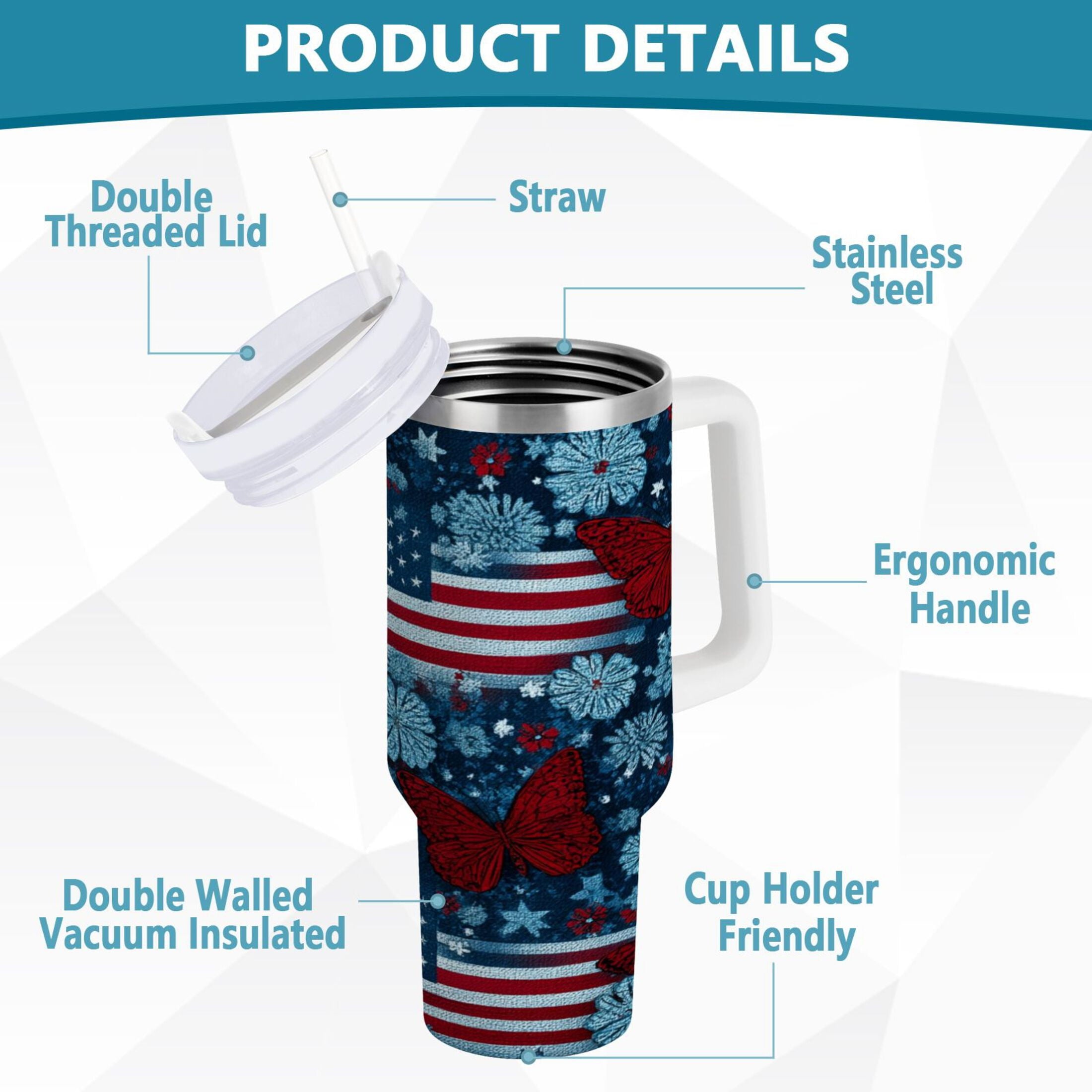 30 oz Insulated Stainless Steel Tumbler Double Wall Stainless Steel Tumbler with 2-Way Drinking Red Butterflies and Flags Edition-8NJA