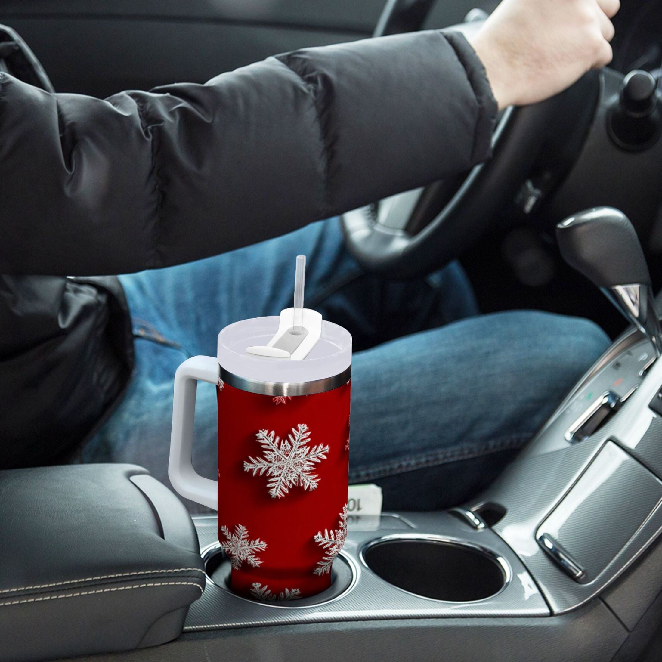 30 oz Insulated Stainless Steel Tumbler Double Wall Stainless Steel Tumbler with 2-Way Drinking Red and White Snowflakes Edition-3O35