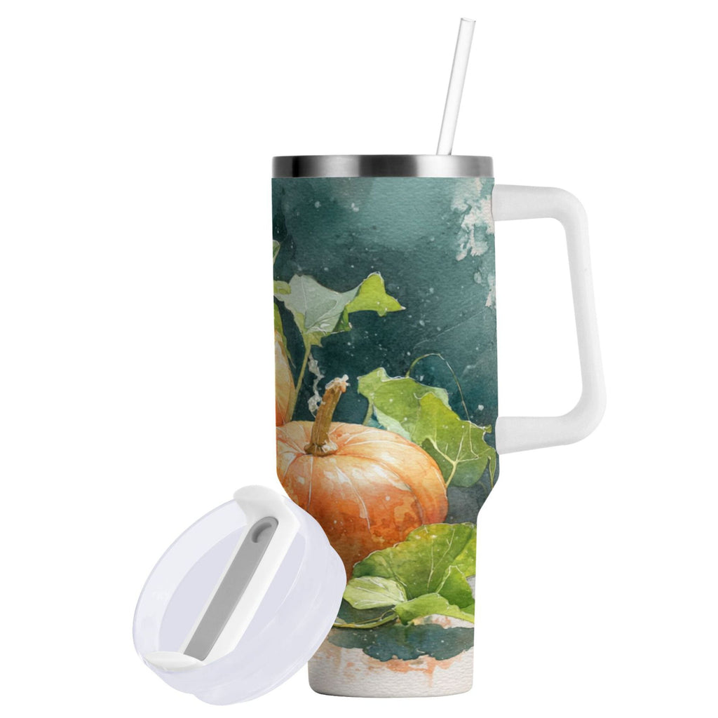 40 oz Insulated Stainless Steel Tumbler Double Wall Stainless Steel Tumbler with 2-Way Drinking Orange and White Pumpkins Edition-DL5E