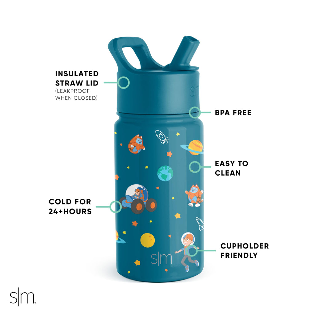 Simple Modern Blippi Kids Water Bottle with Straw Lid | Insulated Stainless Steel Reusable Tumbler for Toddlers, Girls | Summit Collection | 14oz, Blippi Space Edition-NR5U