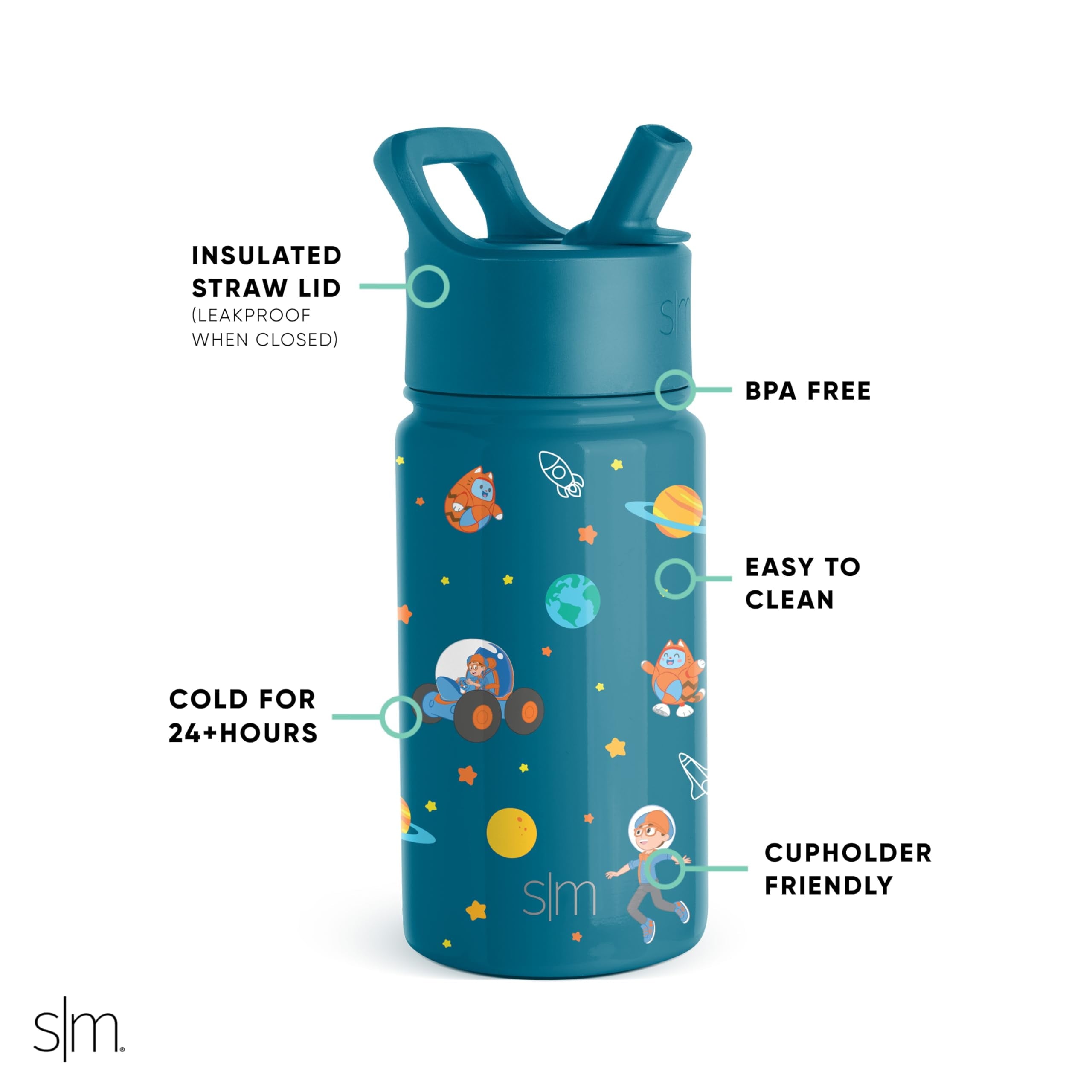 Simple Modern Blippi Kids Water Bottle with Straw Lid | Insulated Stainless Steel Reusable Tumbler for Toddlers, Girls | Summit Collection | 14oz, Blippi Space Edition-NR5U