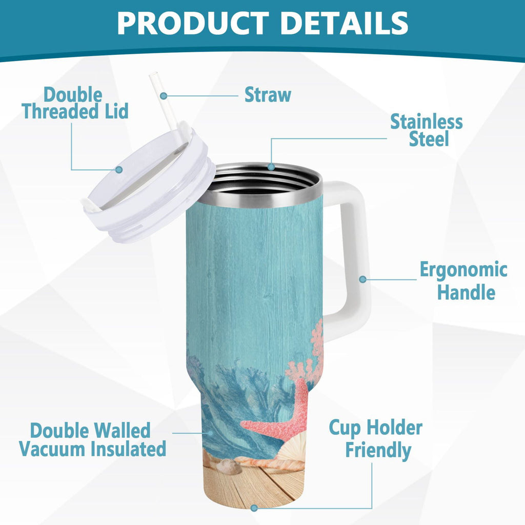 40 oz Insulated Stainless Steel Tumbler Double Wall Stainless Steel Tumbler with 2-Way Drinking Colorful Starfish and Seashells Edition-VYQK