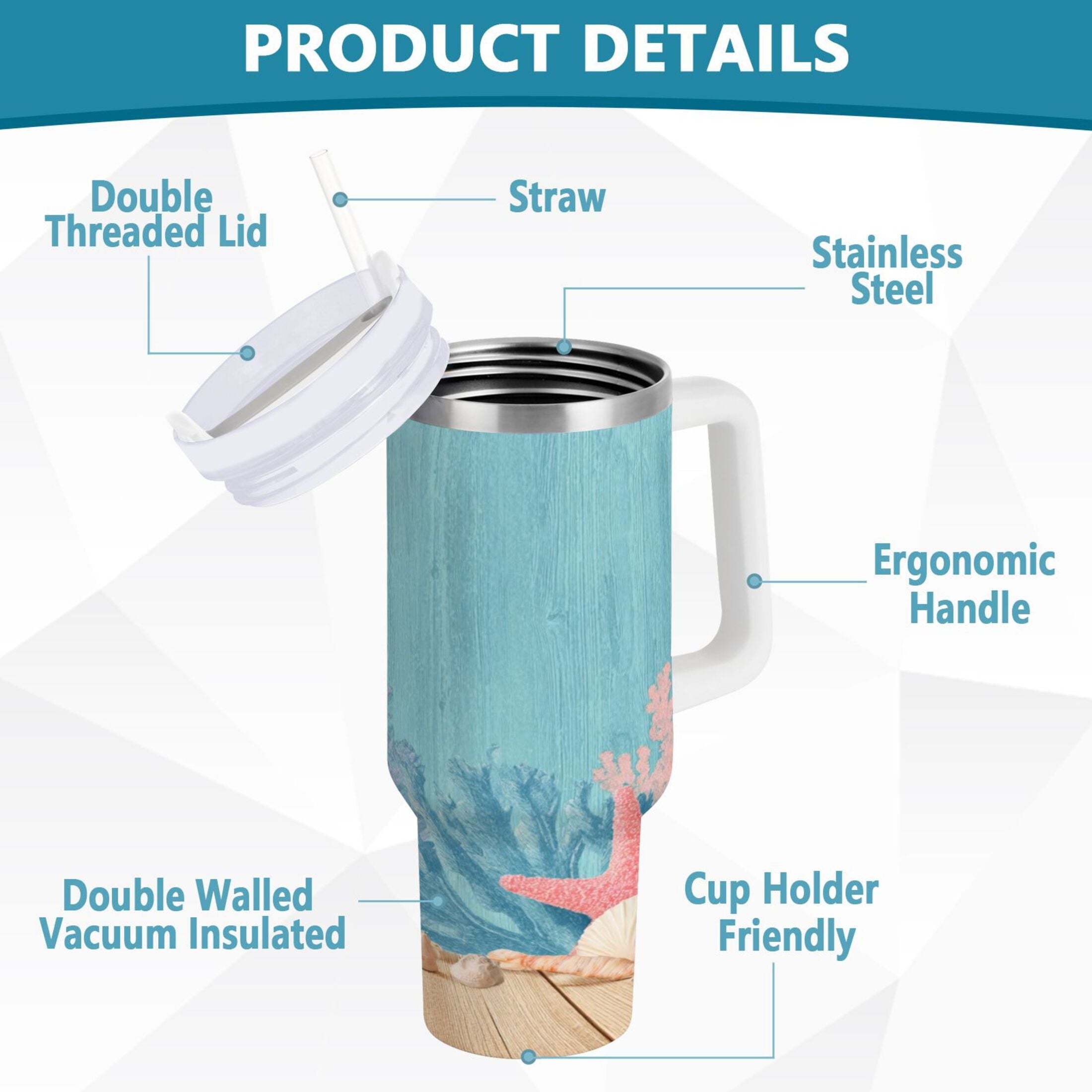 40 oz Insulated Stainless Steel Tumbler Double Wall Stainless Steel Tumbler with 2-Way Drinking Colorful Starfish and Seashells Edition-VYQK