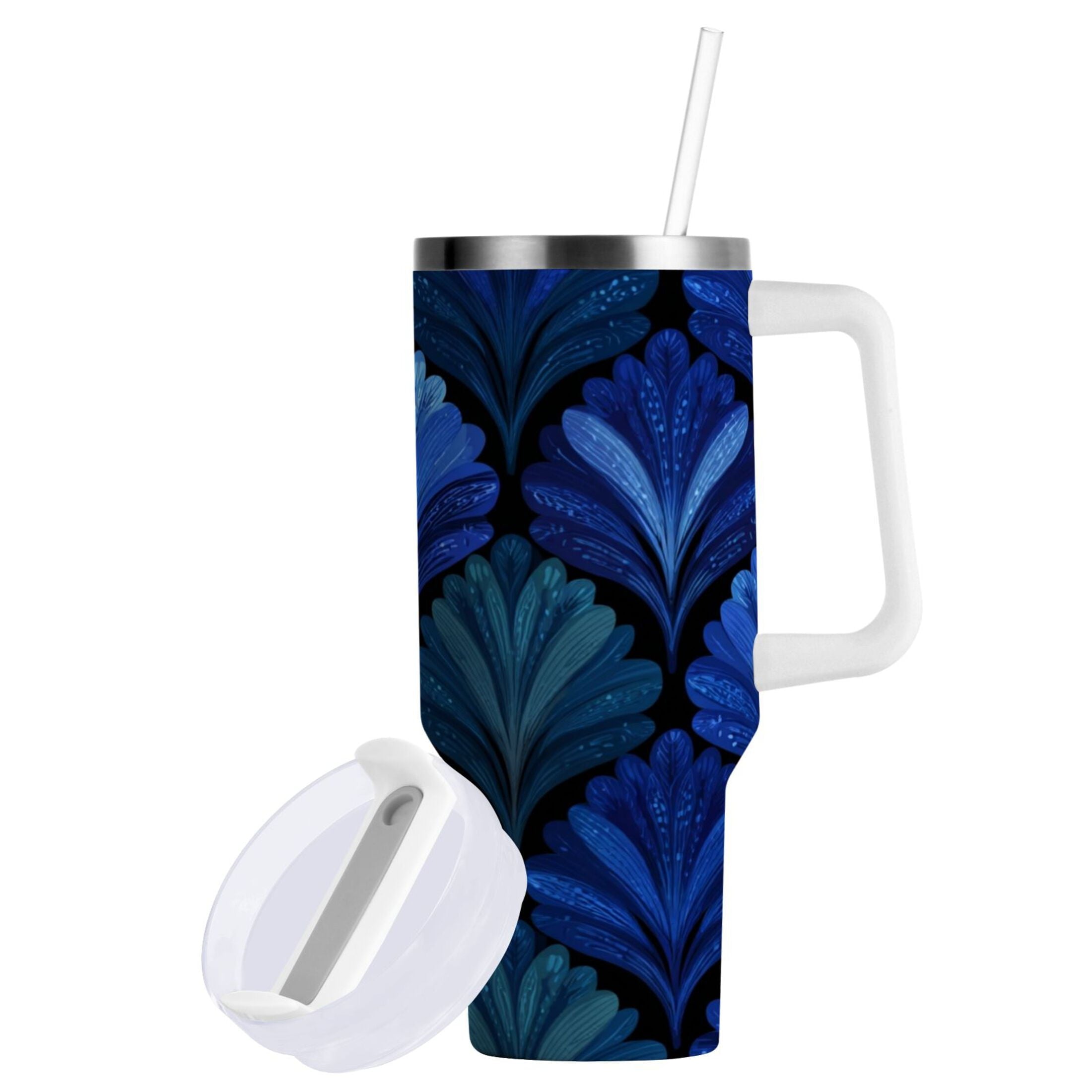 30 oz Insulated Stainless Steel Tumbler Double Wall Stainless Steel Tumbler with 2-Way Drinking Blue Batik Leaves Pattern Edition-U7IY