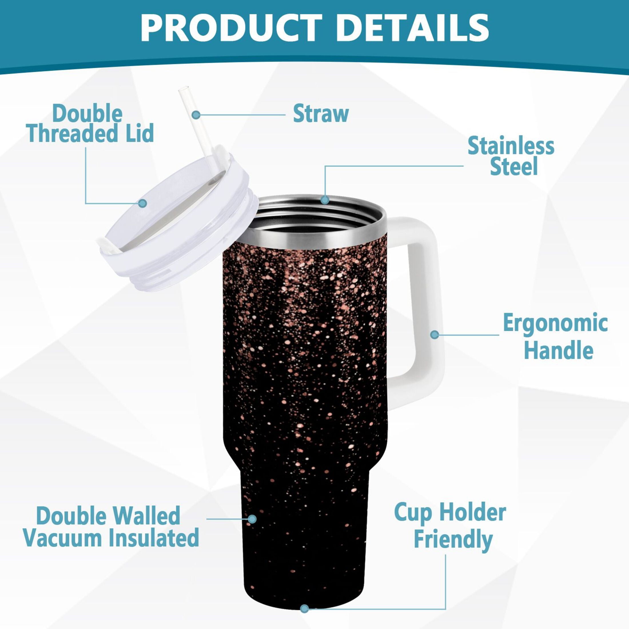 40 oz Insulated Stainless Steel Tumbler Double Wall Stainless Steel Tumbler with 2-Way Drinking Rose Gold Glitter Edition-6OMJ