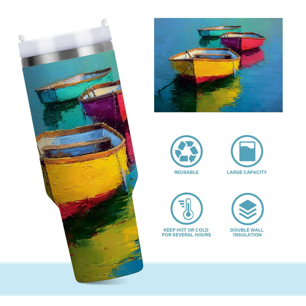 30 oz Insulated Stainless Steel Tumbler Double Wall Stainless Steel Tumbler with 2-Way Drinking Colorful Row Boats Edition-LMTC