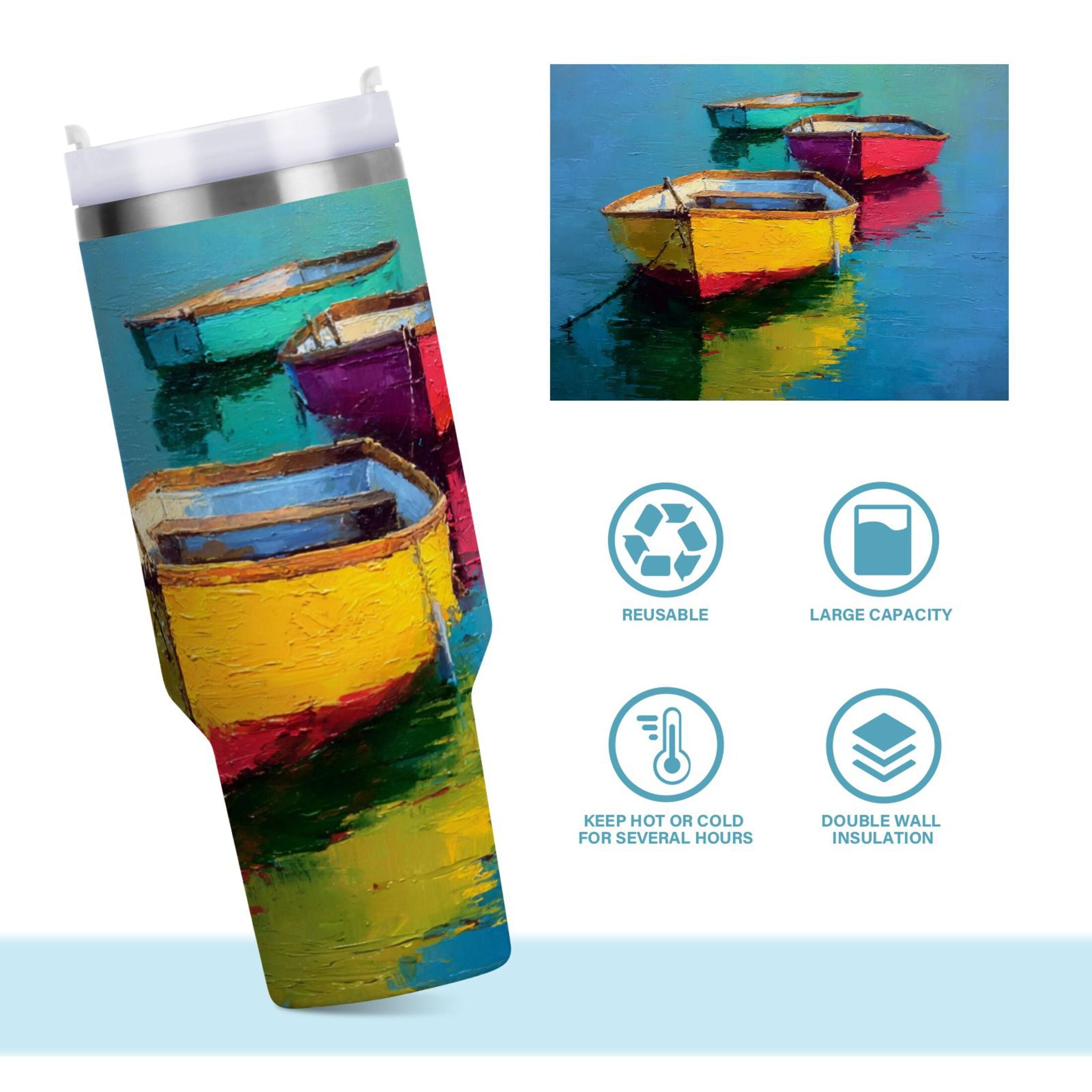 30 oz Insulated Stainless Steel Tumbler Double Wall Stainless Steel Tumbler with 2-Way Drinking Colorful Row Boats Edition-LMTC