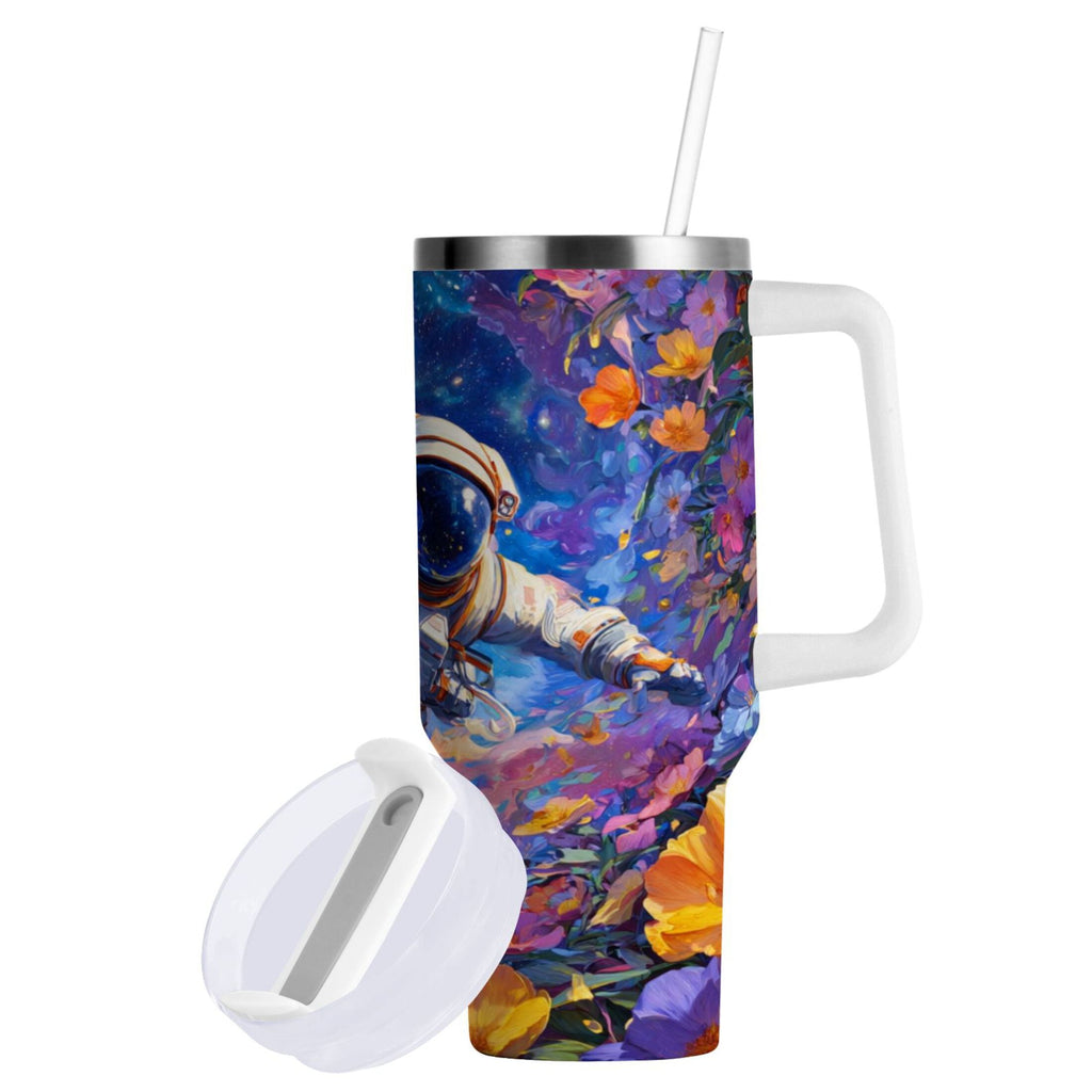 40 oz Insulated Stainless Steel Tumbler Double Wall Stainless Steel Tumbler with 2-Way Drinking Astronaut and Colorful Flowers Edition-L6AF