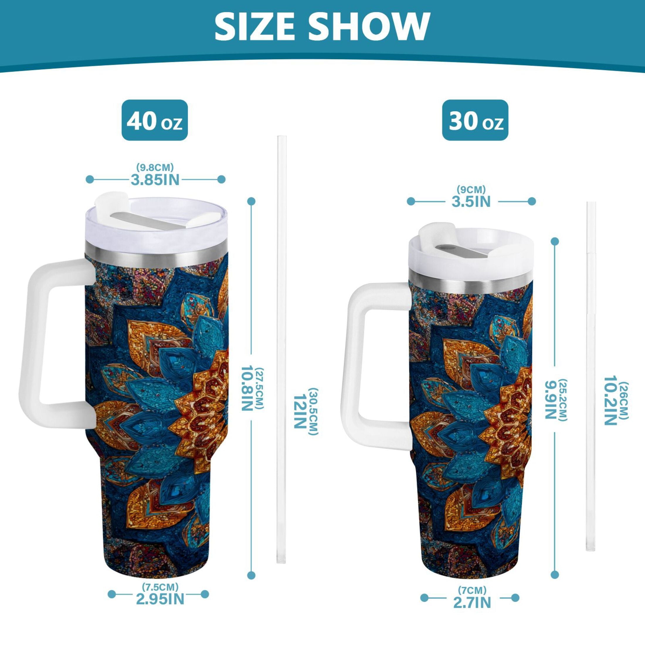 40 oz Insulated Stainless Steel Tumbler Double Wall Stainless Steel Tumbler with 2-Way Drinking Intricate Geometric Shapes Edition-IF8N