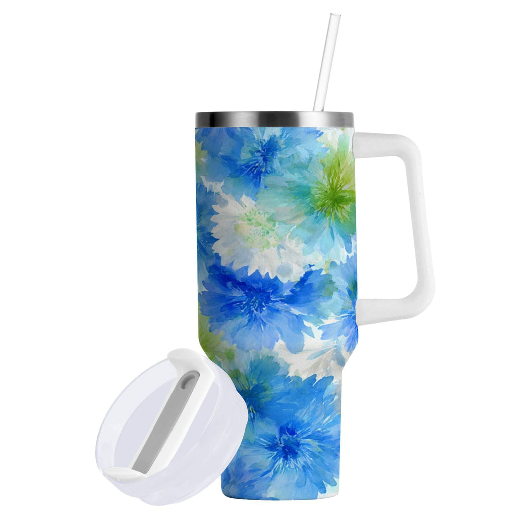 40 oz Insulated Stainless Steel Tumbler Double Wall Stainless Steel Tumbler with 2-Way Drinking Watercolor Blue Cornflowers Edition-E085