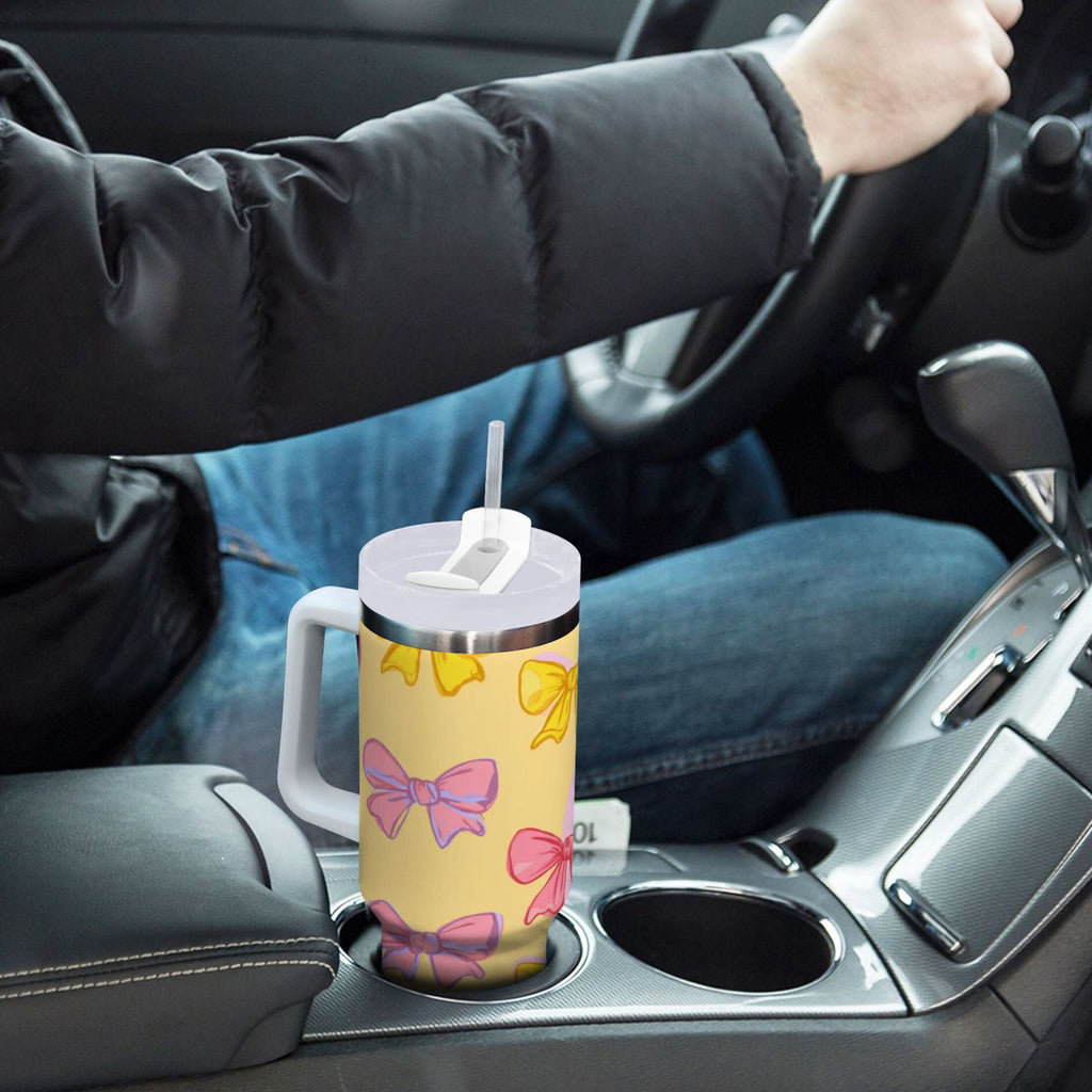 30 oz Insulated Stainless Steel Tumbler Double Wall Stainless Steel Tumbler with 2-Way Drinking Yellow and Pink Bows Edition-IK82