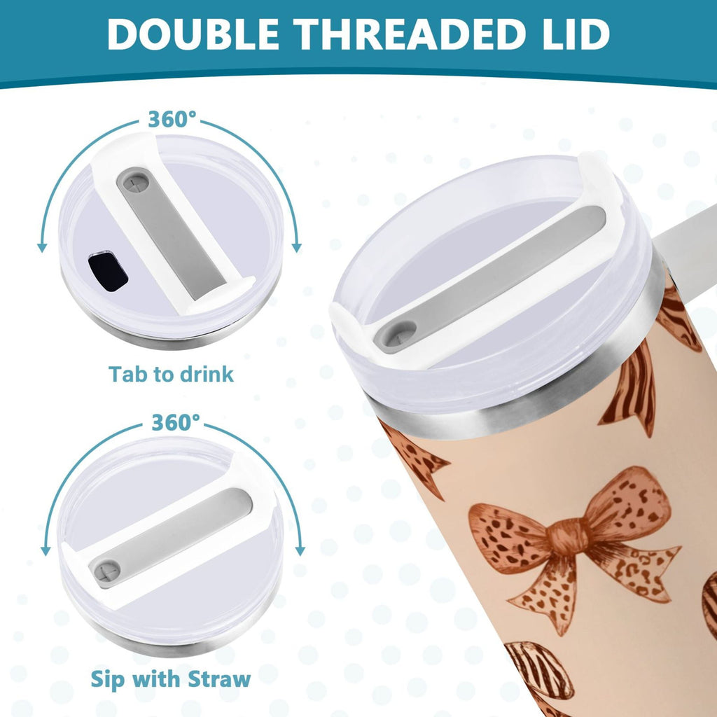 40 oz Insulated Stainless Steel Tumbler Double Wall Stainless Steel Tumbler with 2-Way Drinking Leopard Print Bow Edition-KO3I