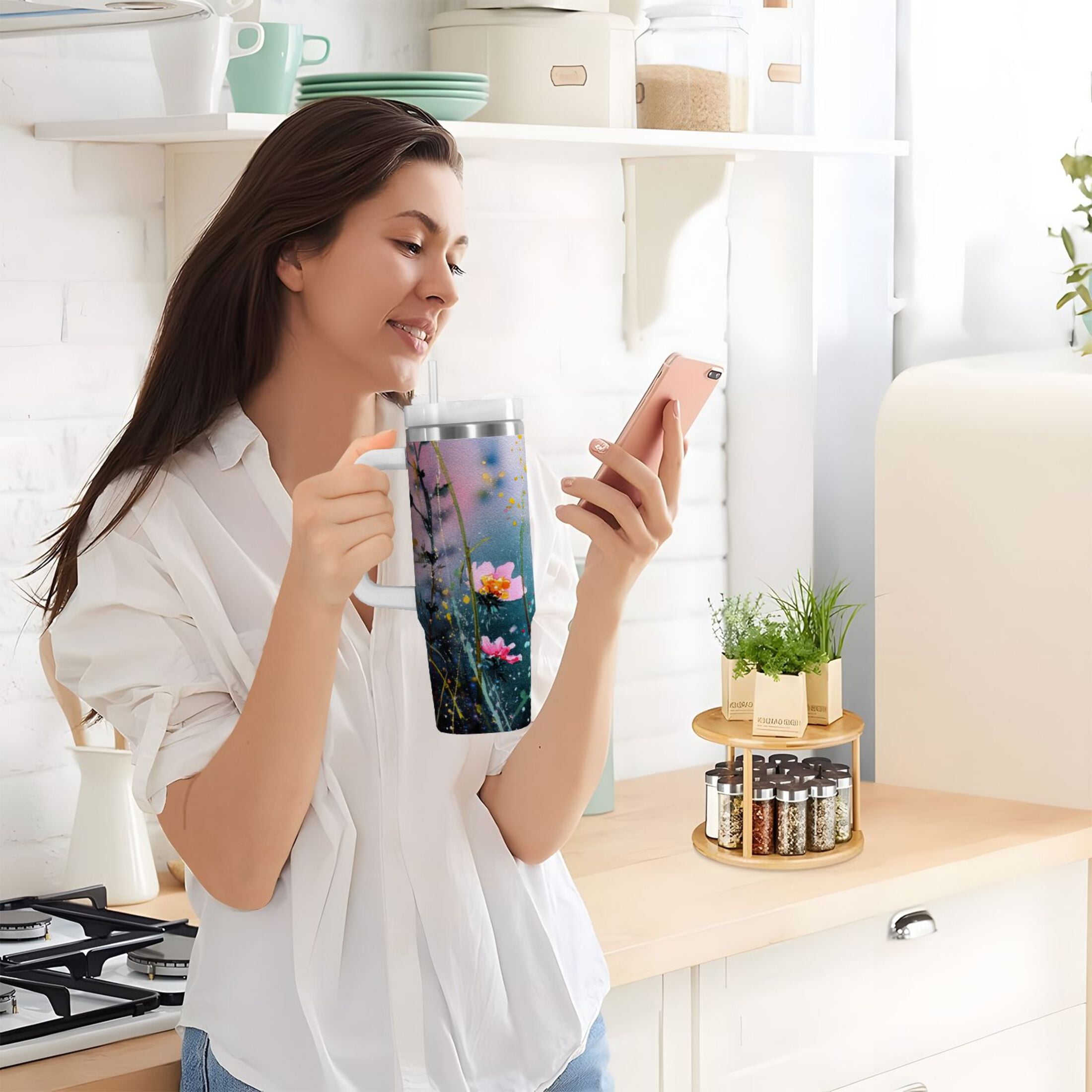 40 oz Insulated Stainless Steel Tumbler Double Wall Stainless Steel Tumbler with 2-Way Drinking Abstract Wildflowers Edition-MI0C
