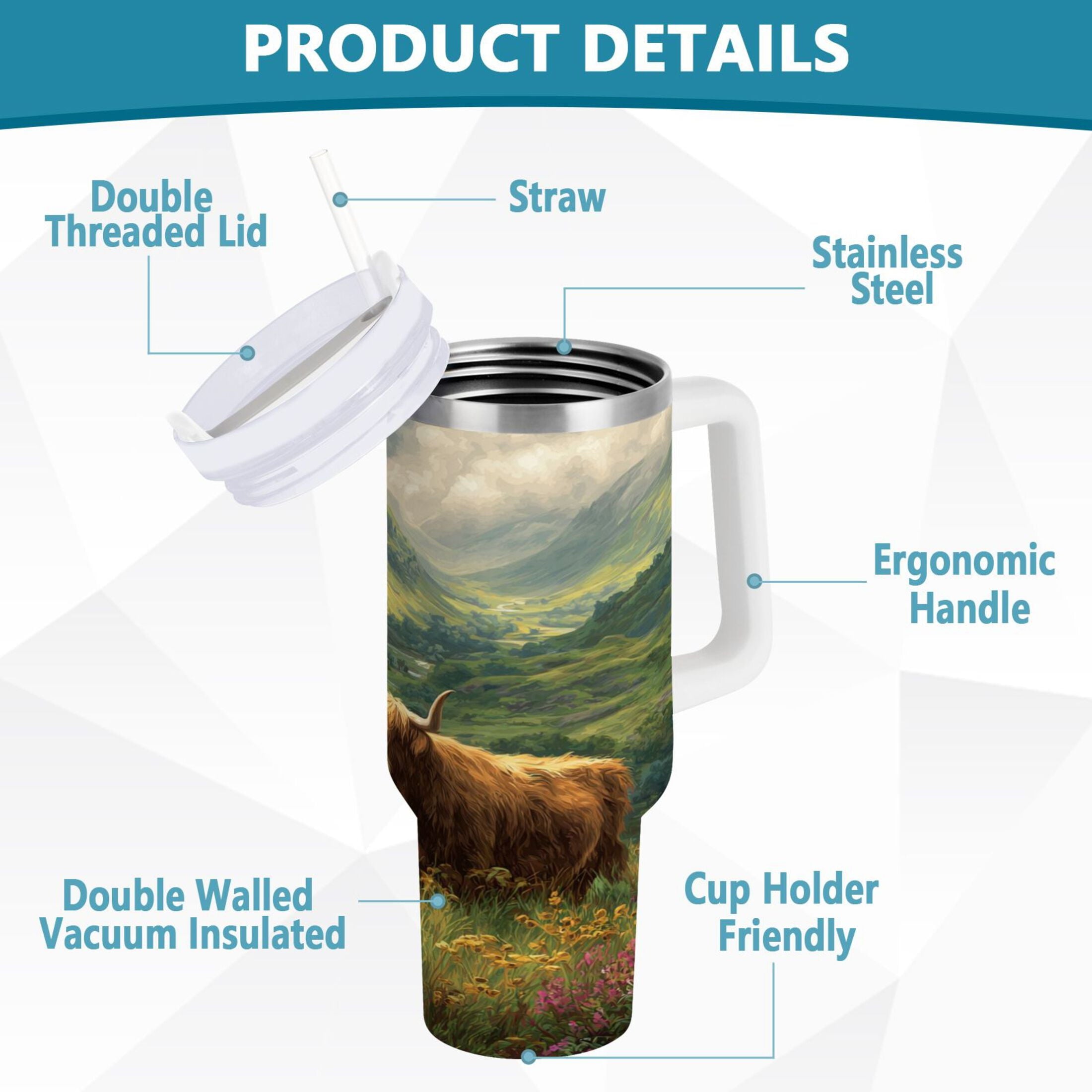 30 oz Insulated Stainless Steel Tumbler Double Wall Stainless Steel Tumbler with 2-Way Drinking Cow in Green Rolling Hills Edition-S5Y4