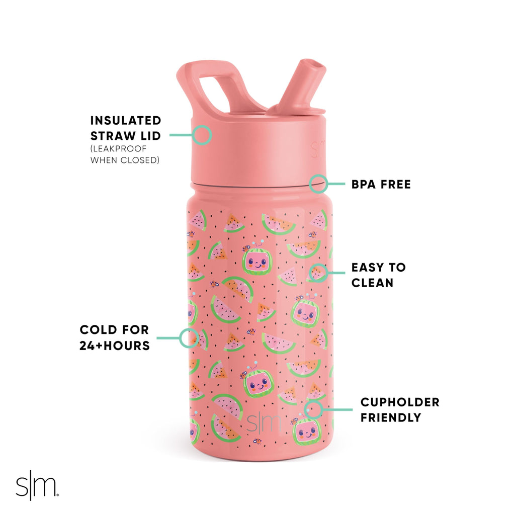 Simple Modern CoComelon Kids Water Bottle with Straw Lid | Insulated Stainless Steel Reusable Tumbler for Toddlers, Girls | Summit Collection | 14oz, CoComelon Pink Melon Edition-A6I1