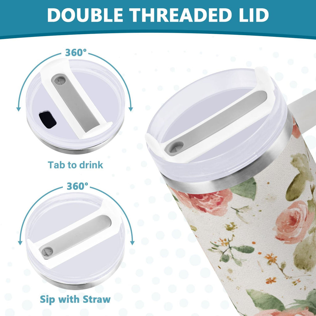 40 oz Insulated Stainless Steel Tumbler Double Wall Stainless Steel Tumbler with 2-Way Drinking Watercolor Rose Floral Pattern Edition-9A68