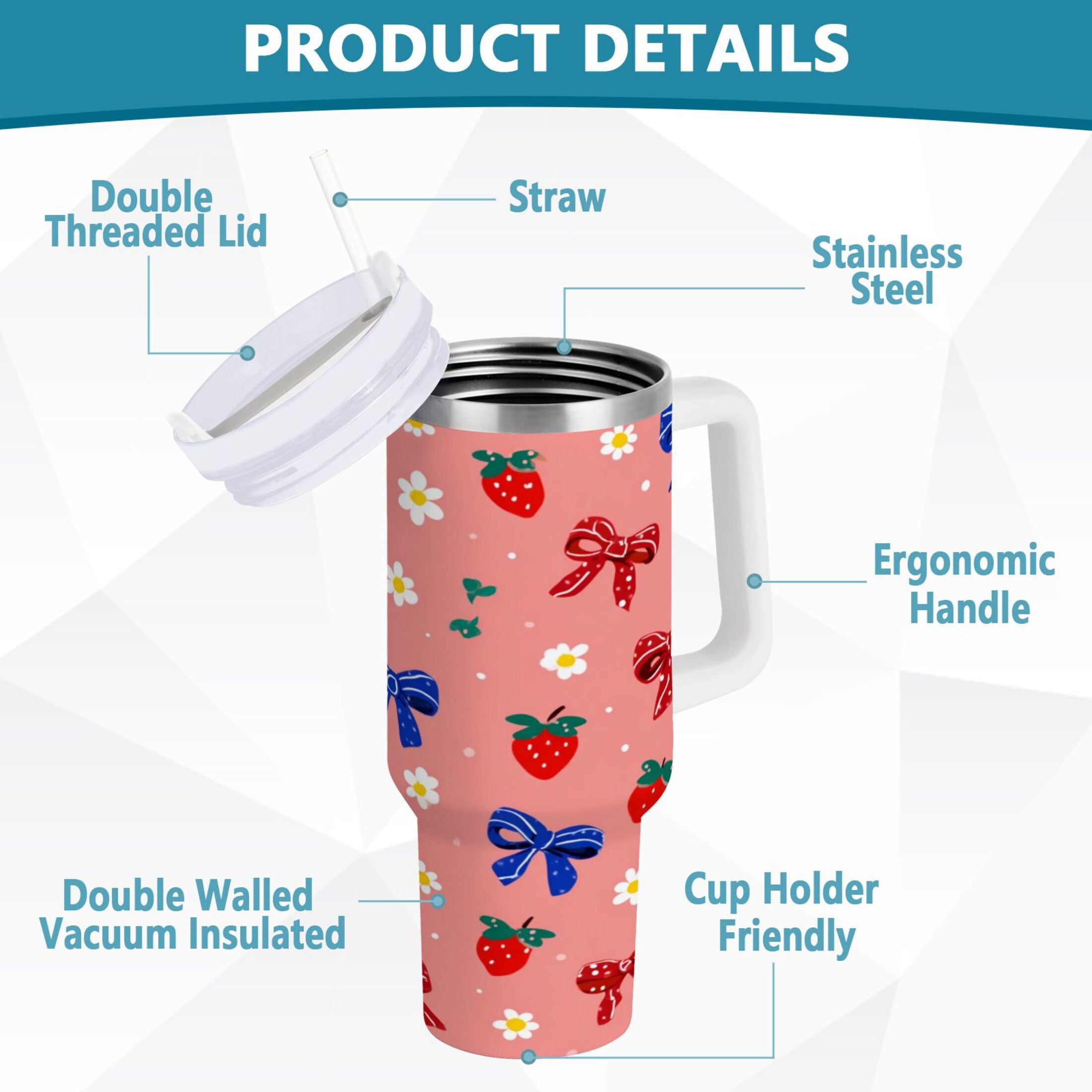 40 oz Insulated Stainless Steel Tumbler Double Wall Stainless Steel Tumbler with 2-Way Drinking Bows and Strawberries Pattern Edition-ZS7F
