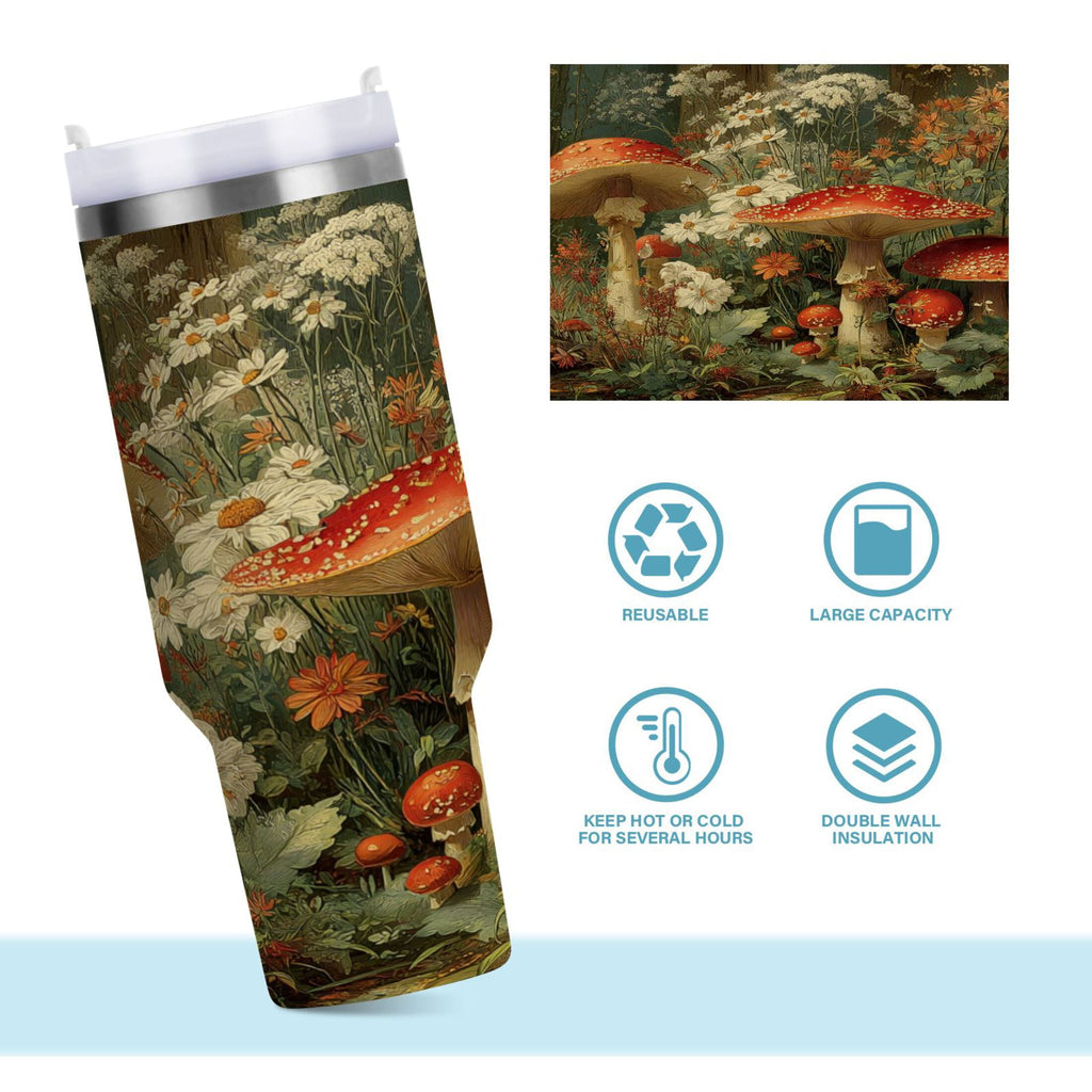 40 oz Insulated Stainless Steel Tumbler Double Wall Stainless Steel Tumbler with 2-Way Drinking Red Mushrooms Edition-ENS0