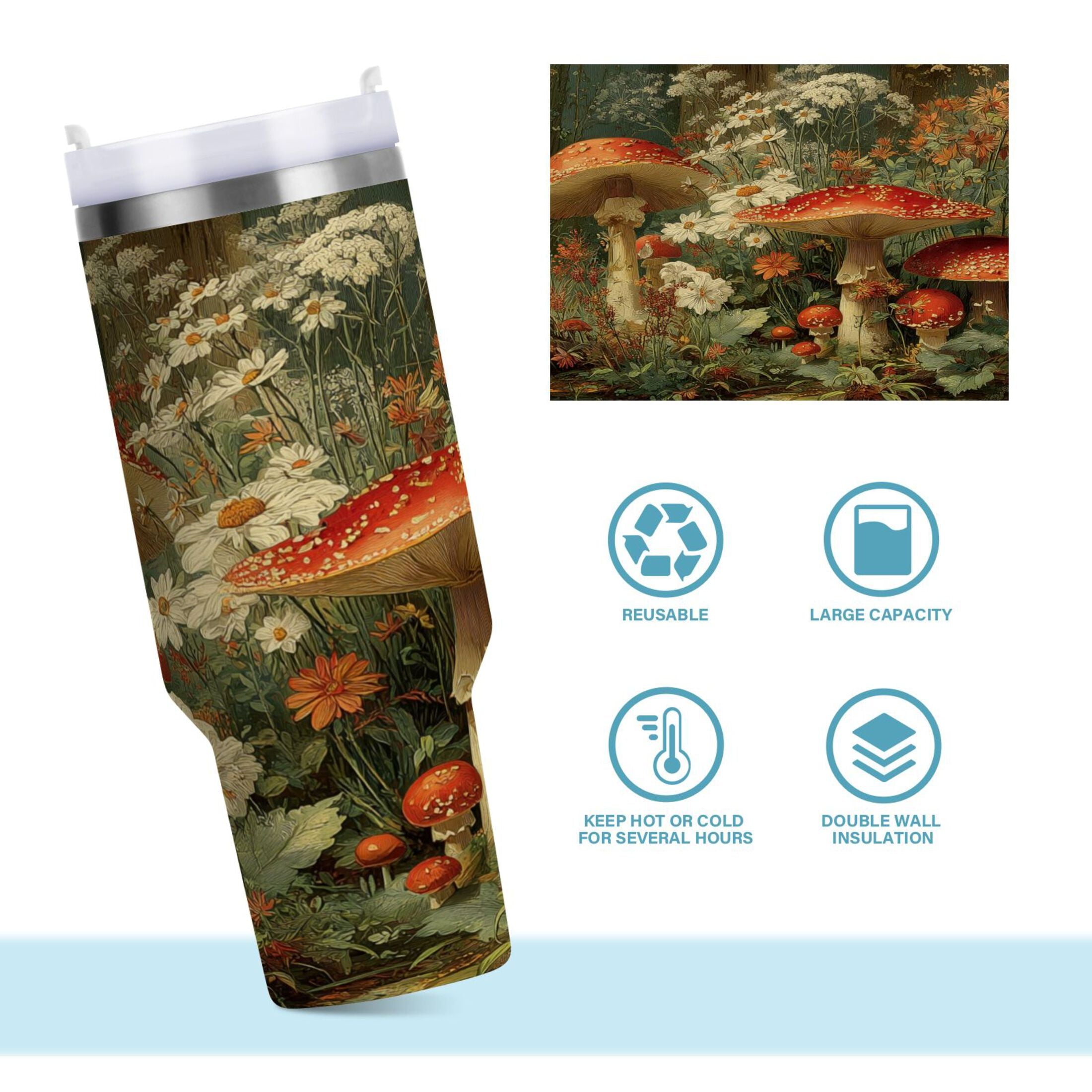 40 oz Insulated Stainless Steel Tumbler Double Wall Stainless Steel Tumbler with 2-Way Drinking Red Mushrooms Edition-ENS0