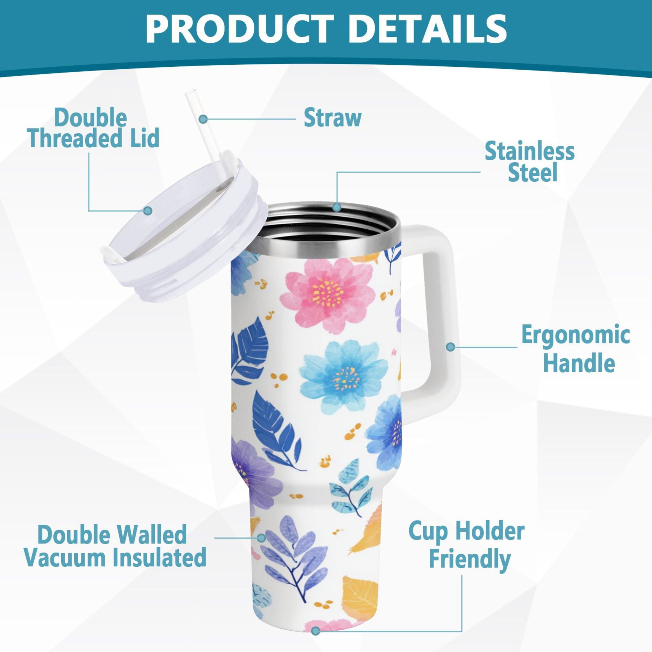 30 oz Insulated Stainless Steel Tumbler Double Wall Stainless Steel Tumbler with 2-Way Drinking Blue and Purple Flowers Edition-VO3K