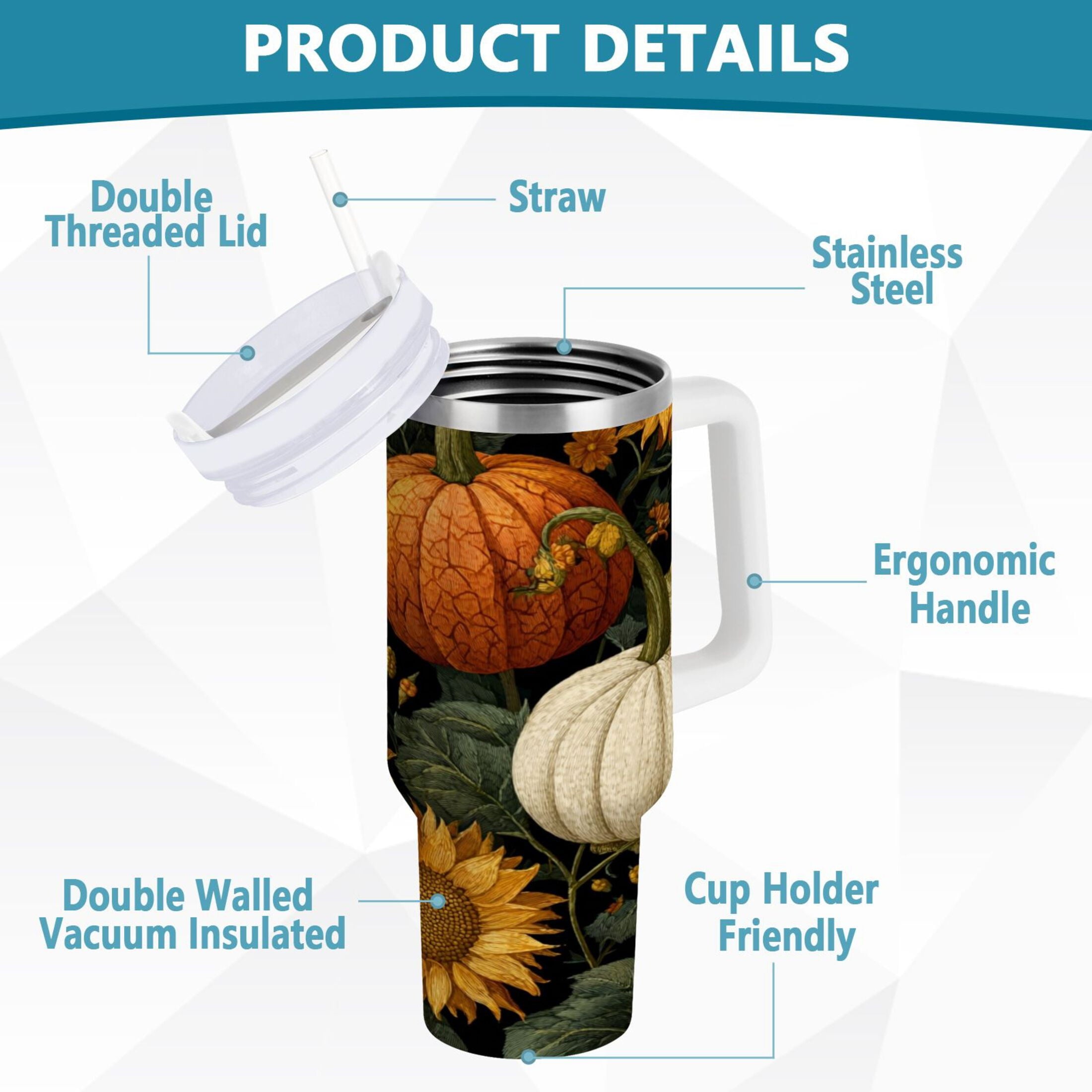 40 oz Insulated Stainless Steel Tumbler Double Wall Stainless Steel Tumbler with 2-Way Drinking Pumpkins and Sunflowers Pattern Edition-HSMJ
