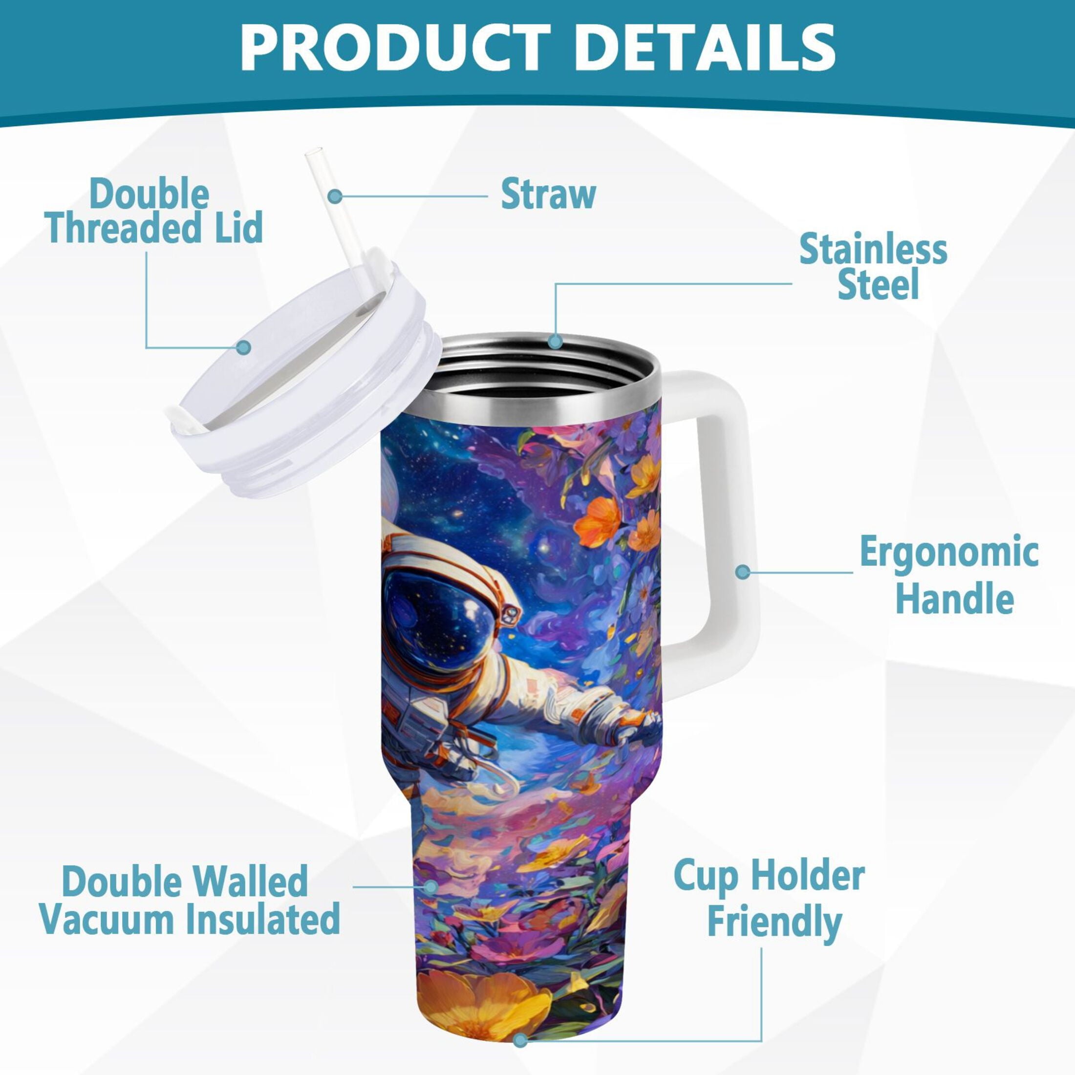 40 oz Insulated Stainless Steel Tumbler Double Wall Stainless Steel Tumbler with 2-Way Drinking Astronaut and Colorful Flowers Edition-L6AF