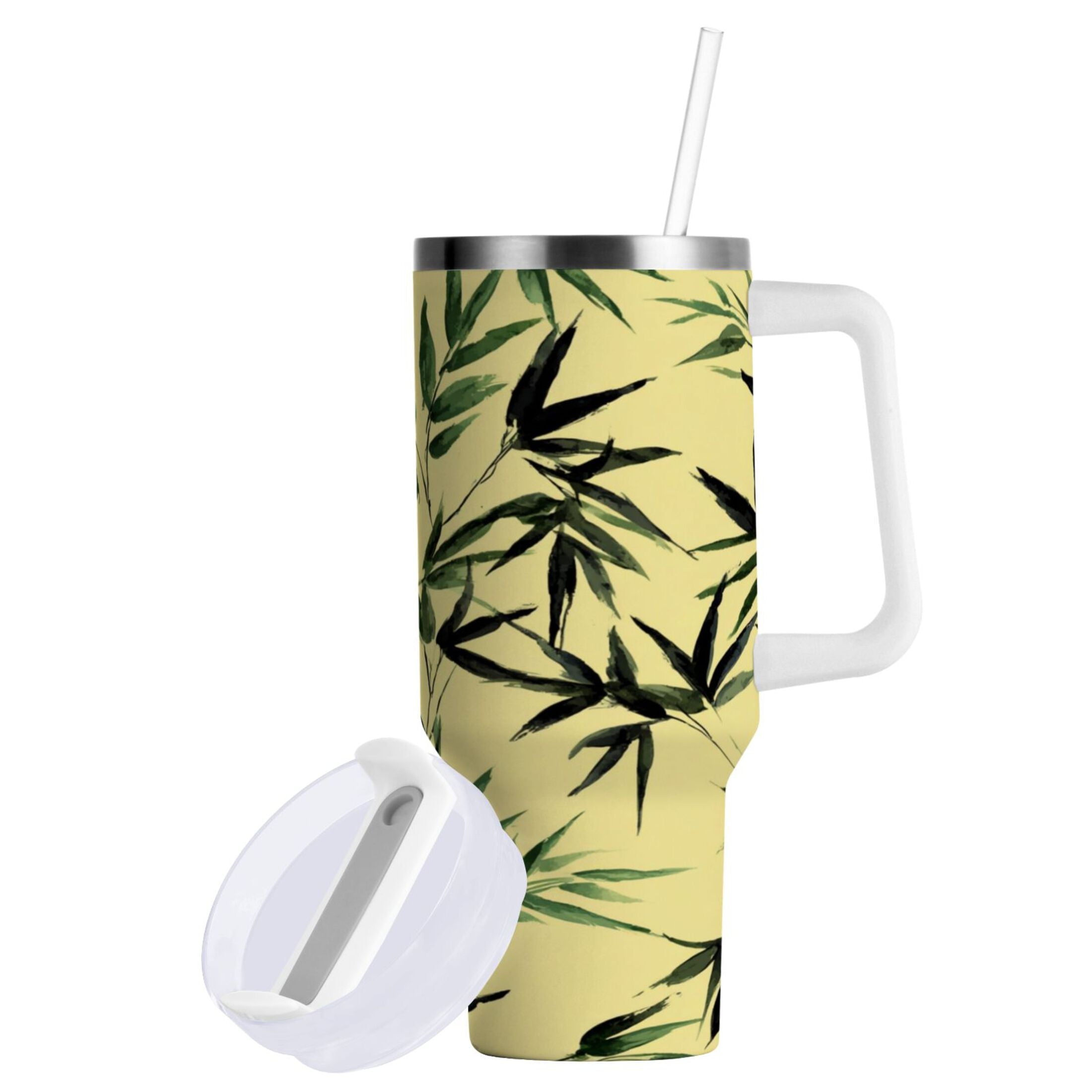 30 oz Insulated Stainless Steel Tumbler Double Wall Stainless Steel Tumbler with 2-Way Drinking Bamboo and Green Leaves Edition-OTZT