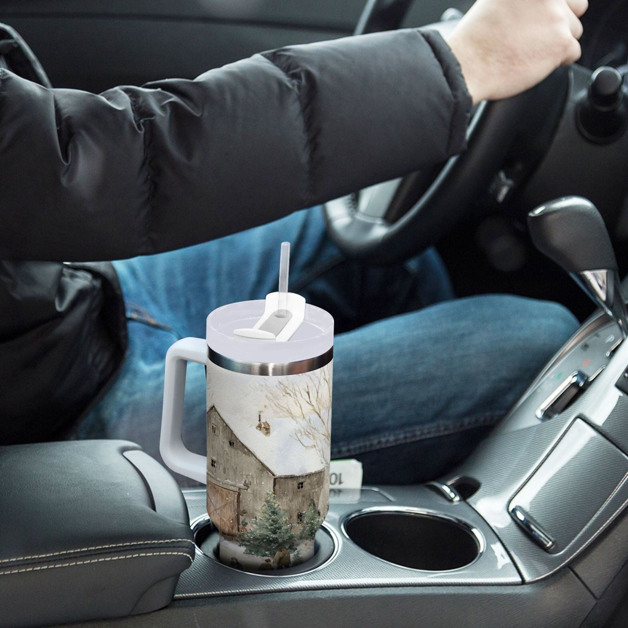 40 oz Insulated Stainless Steel Tumbler Double Wall Stainless Steel Tumbler with 2-Way Drinking Farm Snow Scene Edition-R2SL