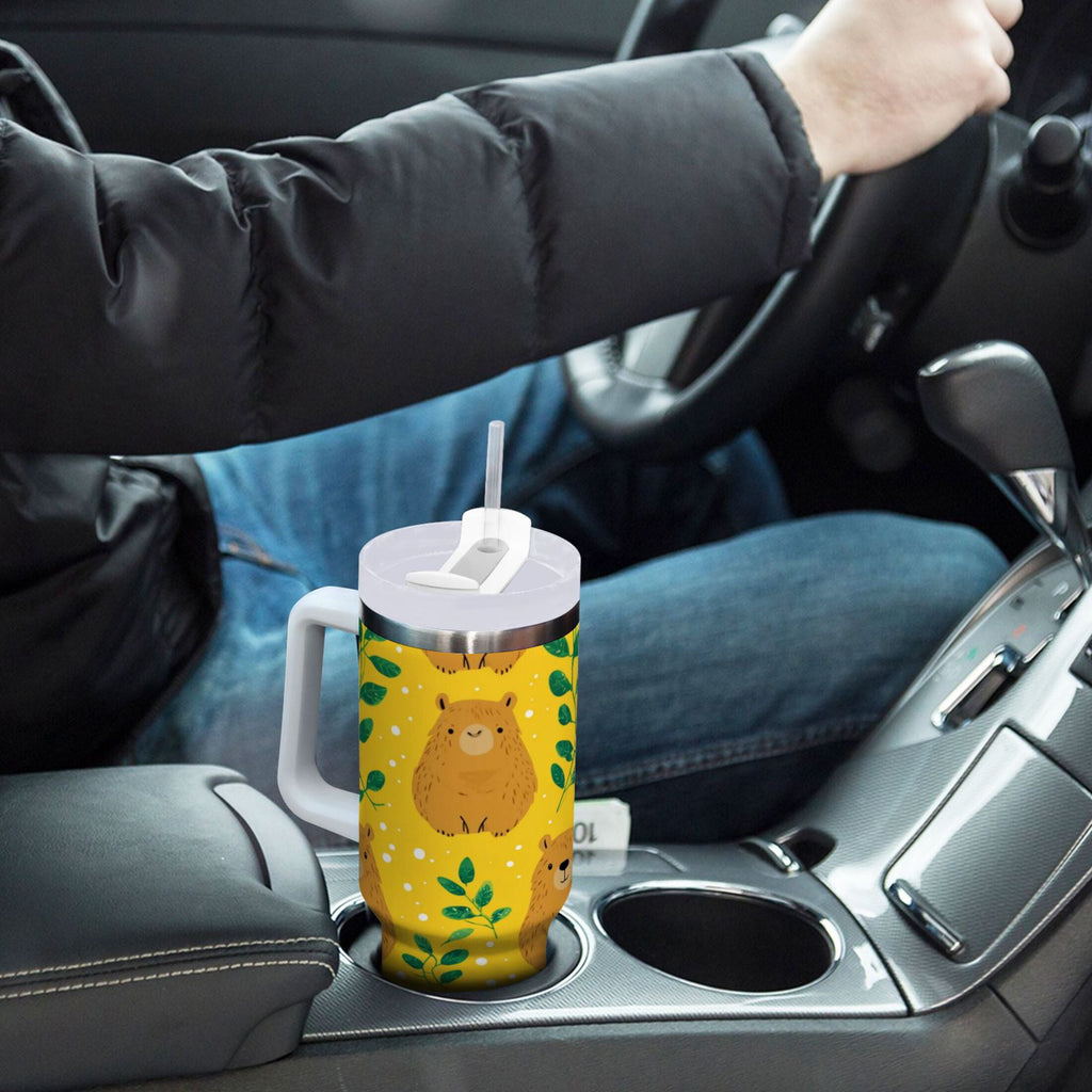 30 oz Insulated Stainless Steel Tumbler Double Wall Stainless Steel Tumbler with 2-Way Drinking Capybara and Green Leaves Edition-CLVI