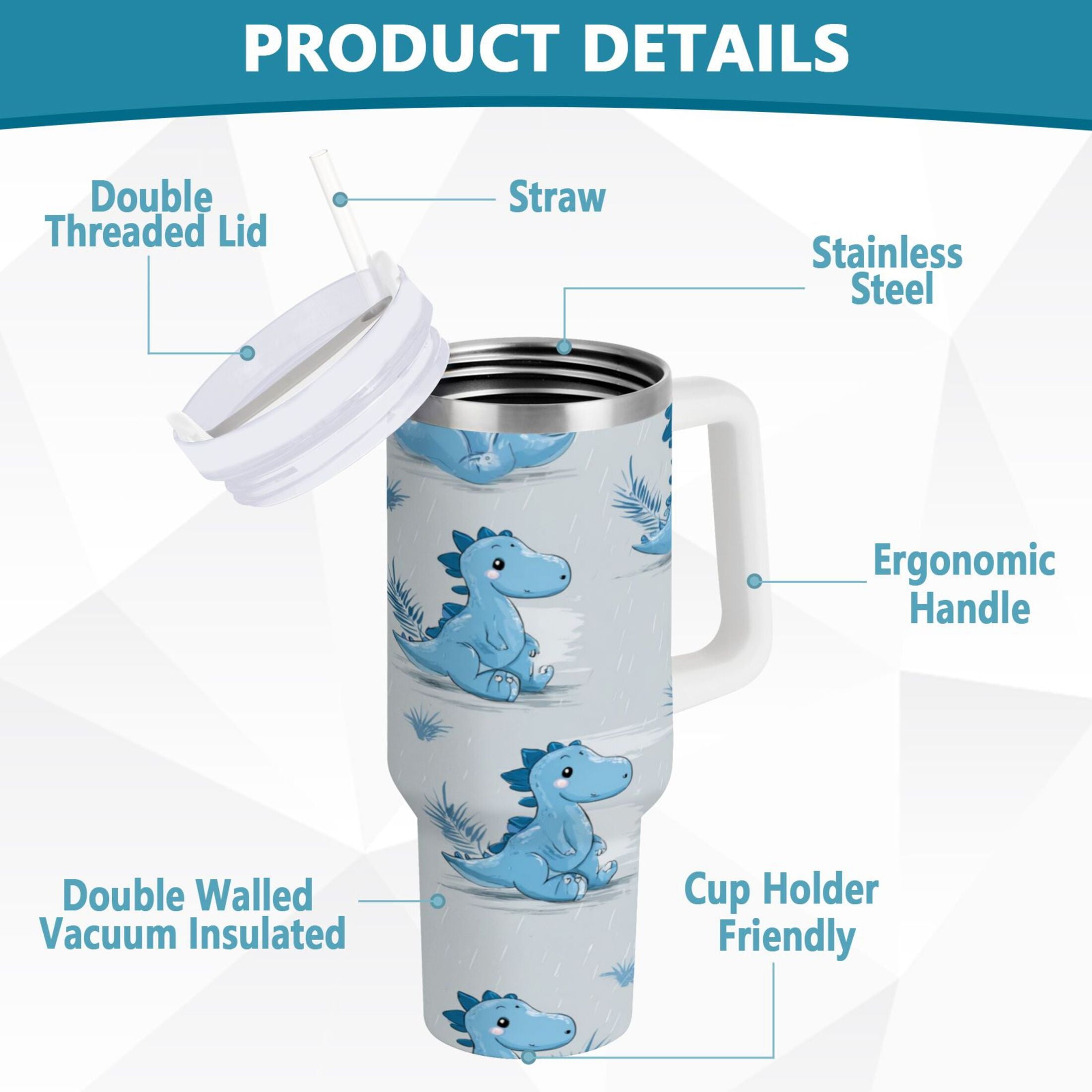 30 oz Insulated Stainless Steel Tumbler Double Wall Stainless Steel Tumbler with 2-Way Drinking Cartoon Blue Dinosaurs Edition-MCV3