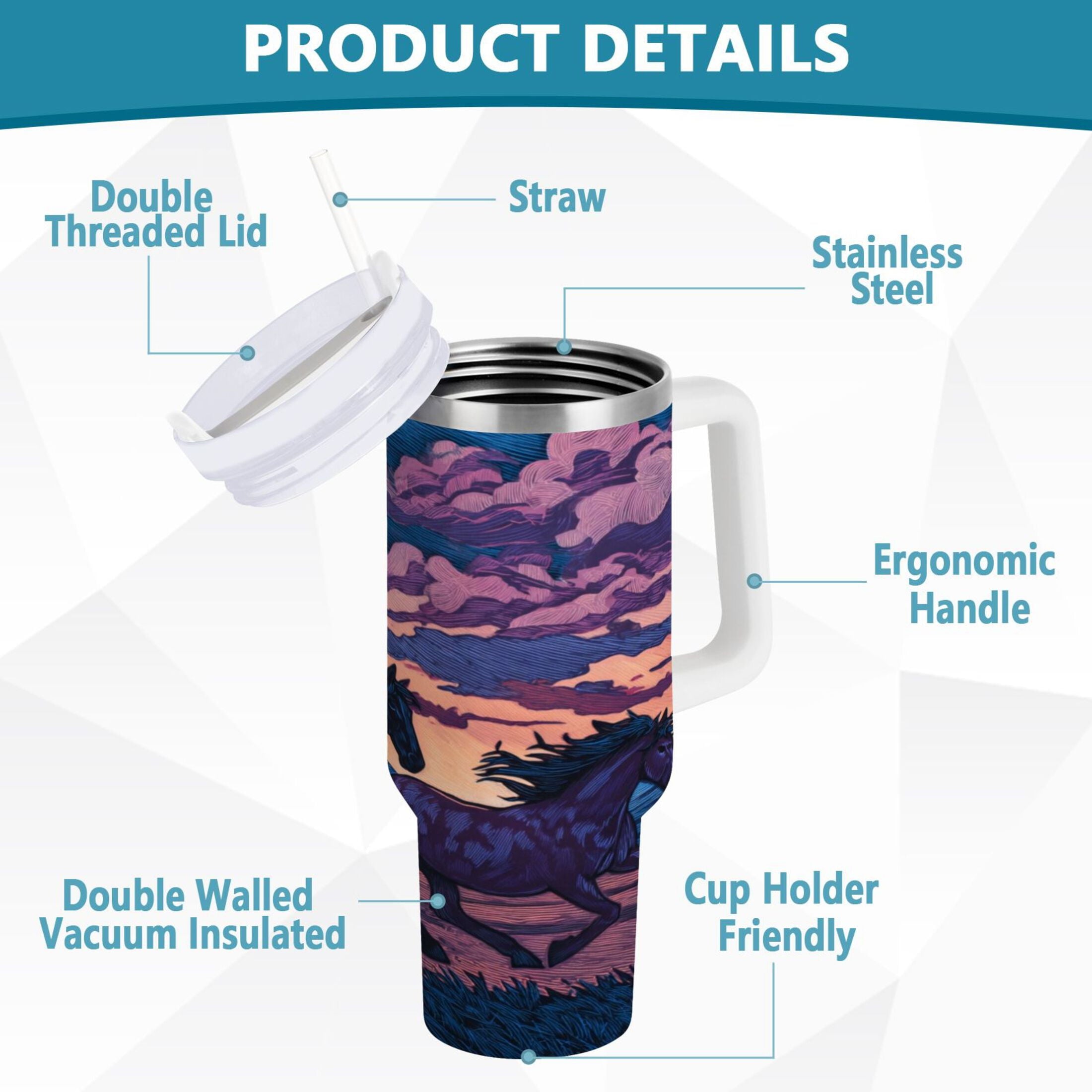 40 oz Insulated Stainless Steel Tumbler Double Wall Stainless Steel Tumbler with 2-Way Drinking Wild Horses Running Edition-VW8K