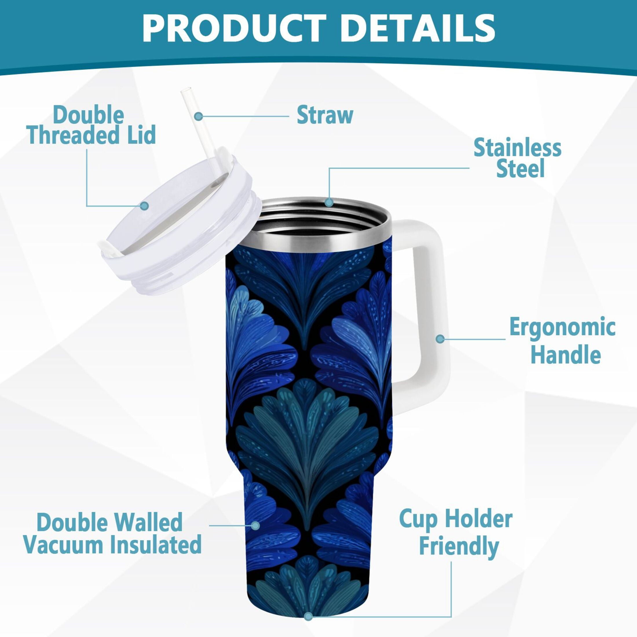 30 oz Insulated Stainless Steel Tumbler Double Wall Stainless Steel Tumbler with 2-Way Drinking Blue Batik Leaves Pattern Edition-U7IY