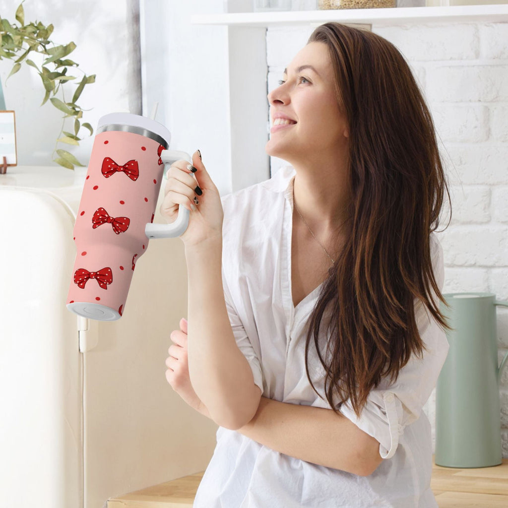 40 oz Insulated Stainless Steel Tumbler Double Wall Stainless Steel Tumbler with 2-Way Drinking Red Bows and Polka Dots Edition-RGW3
