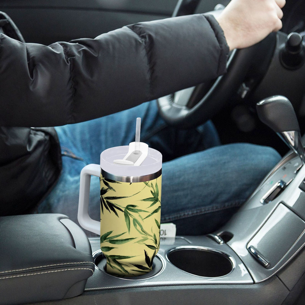 30 oz Insulated Stainless Steel Tumbler Double Wall Stainless Steel Tumbler with 2-Way Drinking Bamboo and Green Leaves Edition-OTZT