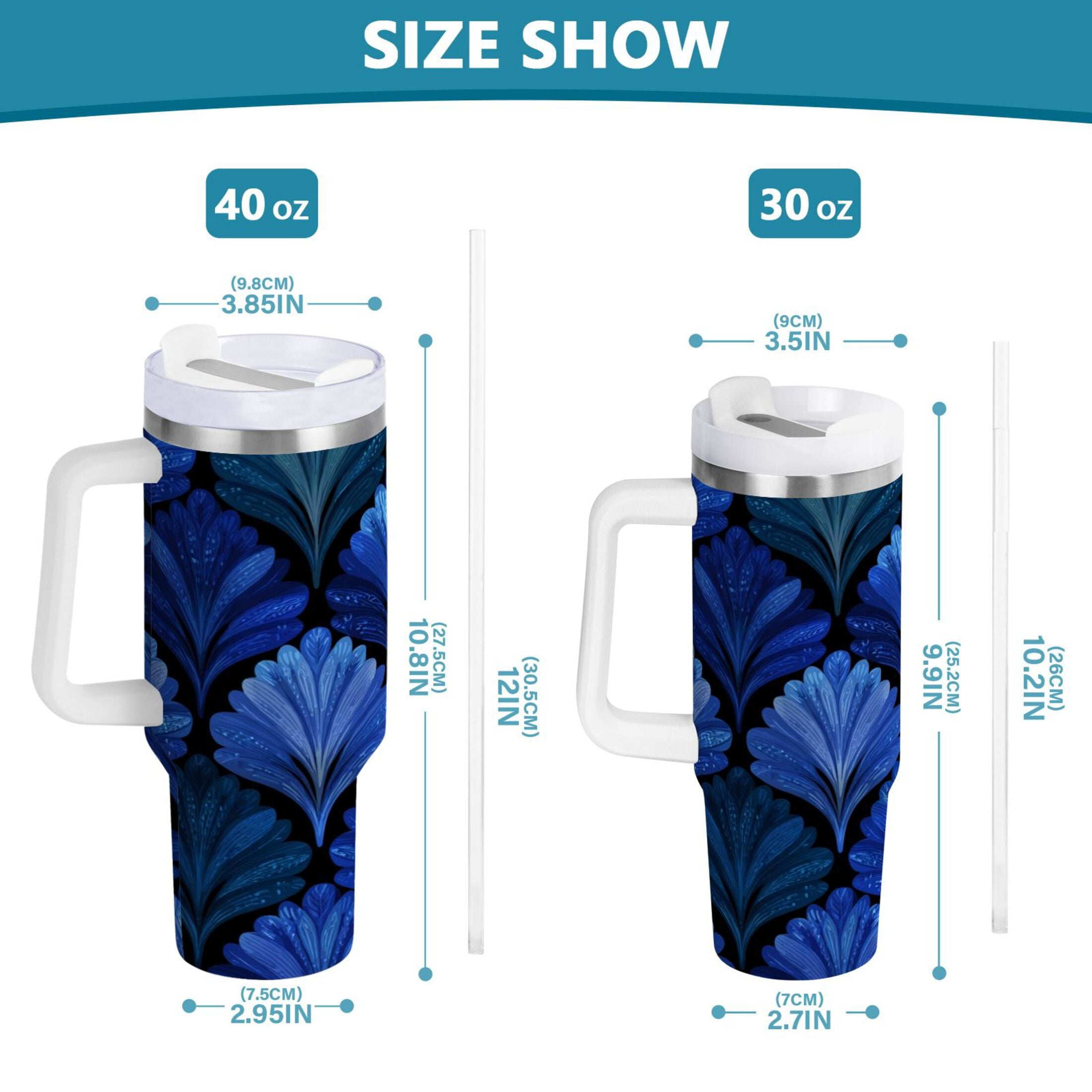 30 oz Insulated Stainless Steel Tumbler Double Wall Stainless Steel Tumbler with 2-Way Drinking Blue Batik Leaves Pattern Edition-U7IY