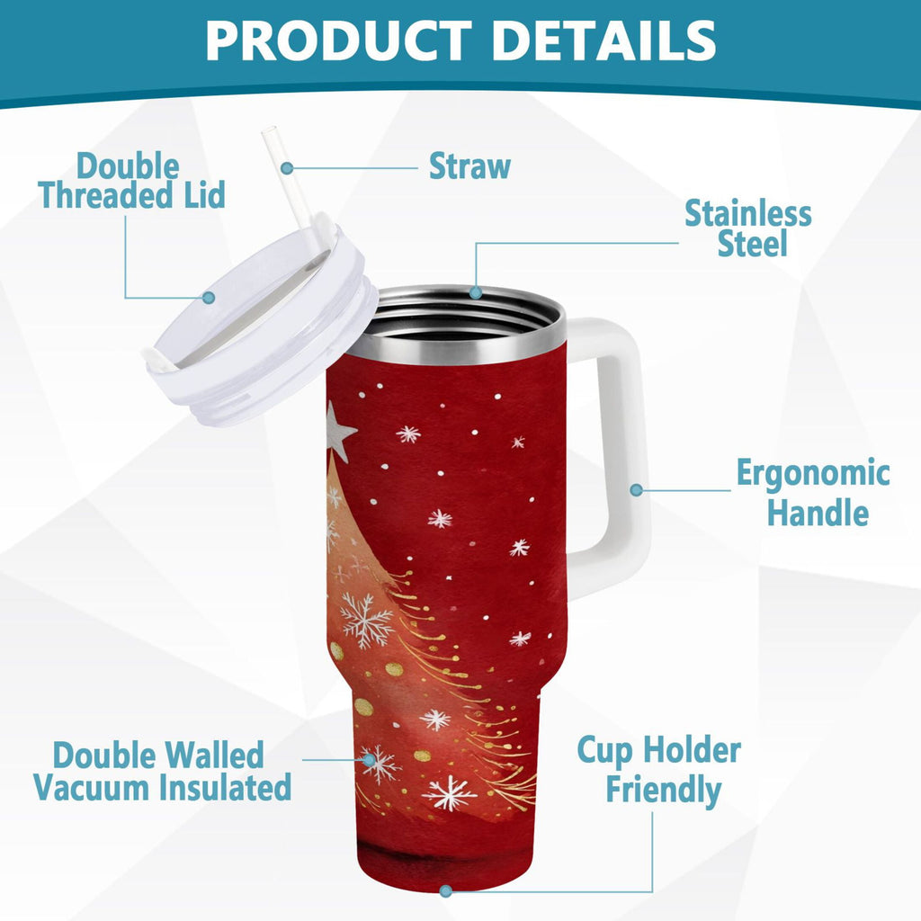 40 oz Insulated Stainless Steel Tumbler Double Wall Stainless Steel Tumbler with 2-Way Drinking Red Christmas Tree Edition-0RK4