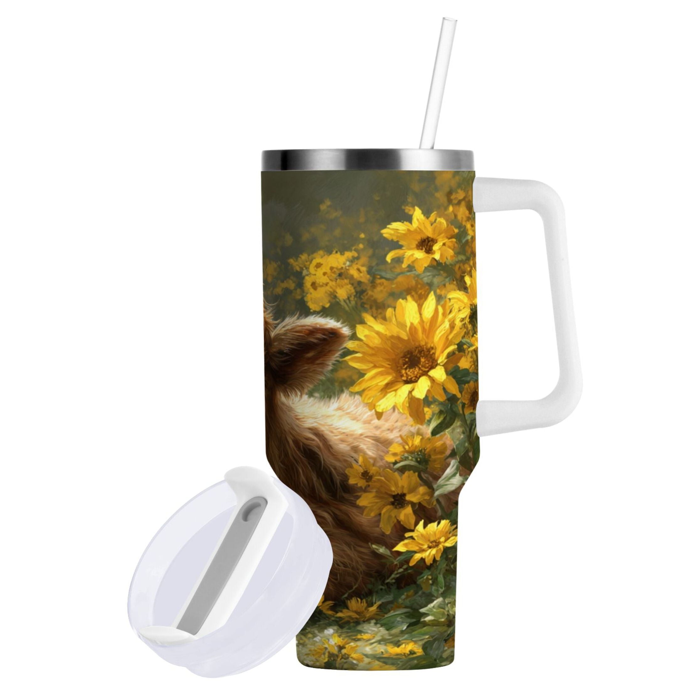 40 oz Insulated Stainless Steel Tumbler Double Wall Stainless Steel Tumbler with 2-Way Drinking Cow Lying in Sunflowers Edition-L9HL