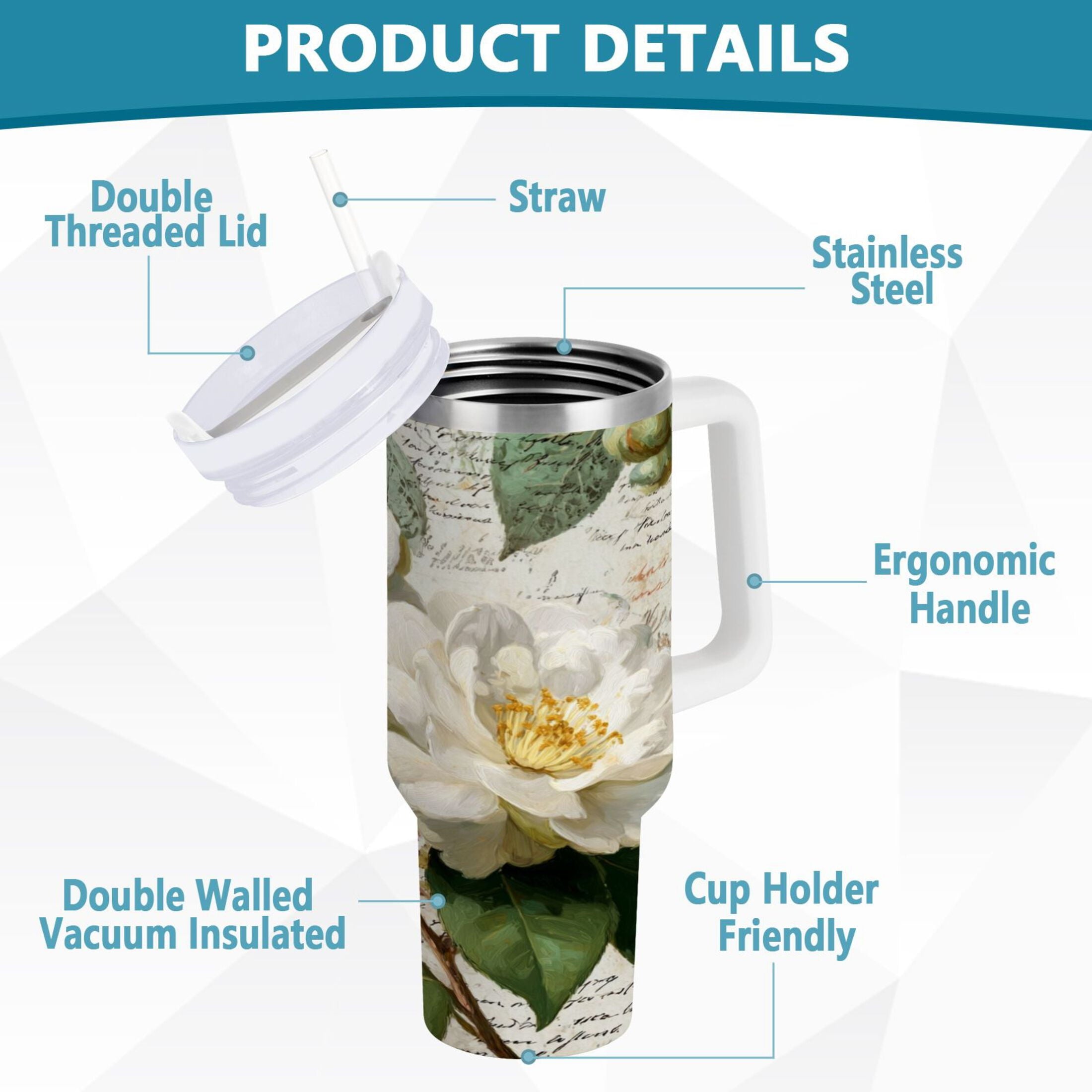 40 oz Insulated Stainless Steel Tumbler Double Wall Stainless Steel Tumbler with 2-Way Drinking Vintage White Camellias Edition-GF37
