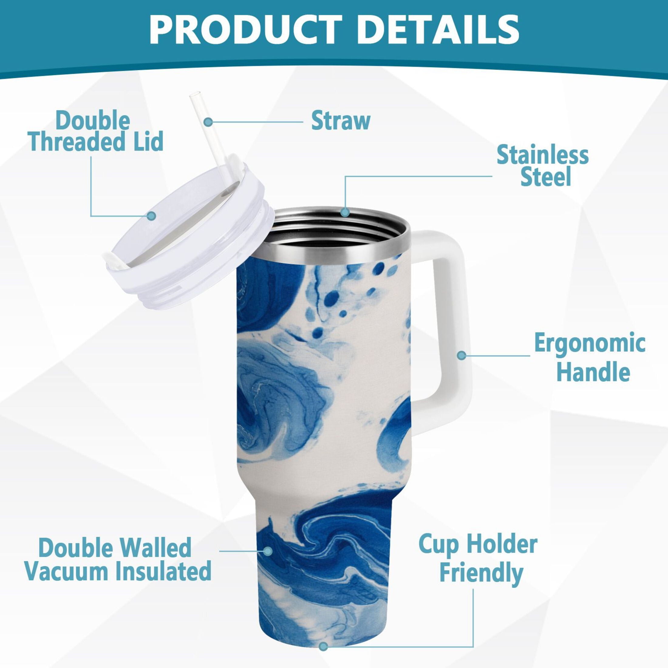 40 oz Insulated Stainless Steel Tumbler Double Wall Stainless Steel Tumbler with 2-Way Drinking Indigo Blue Tie-dye Pattern Edition-YWWE