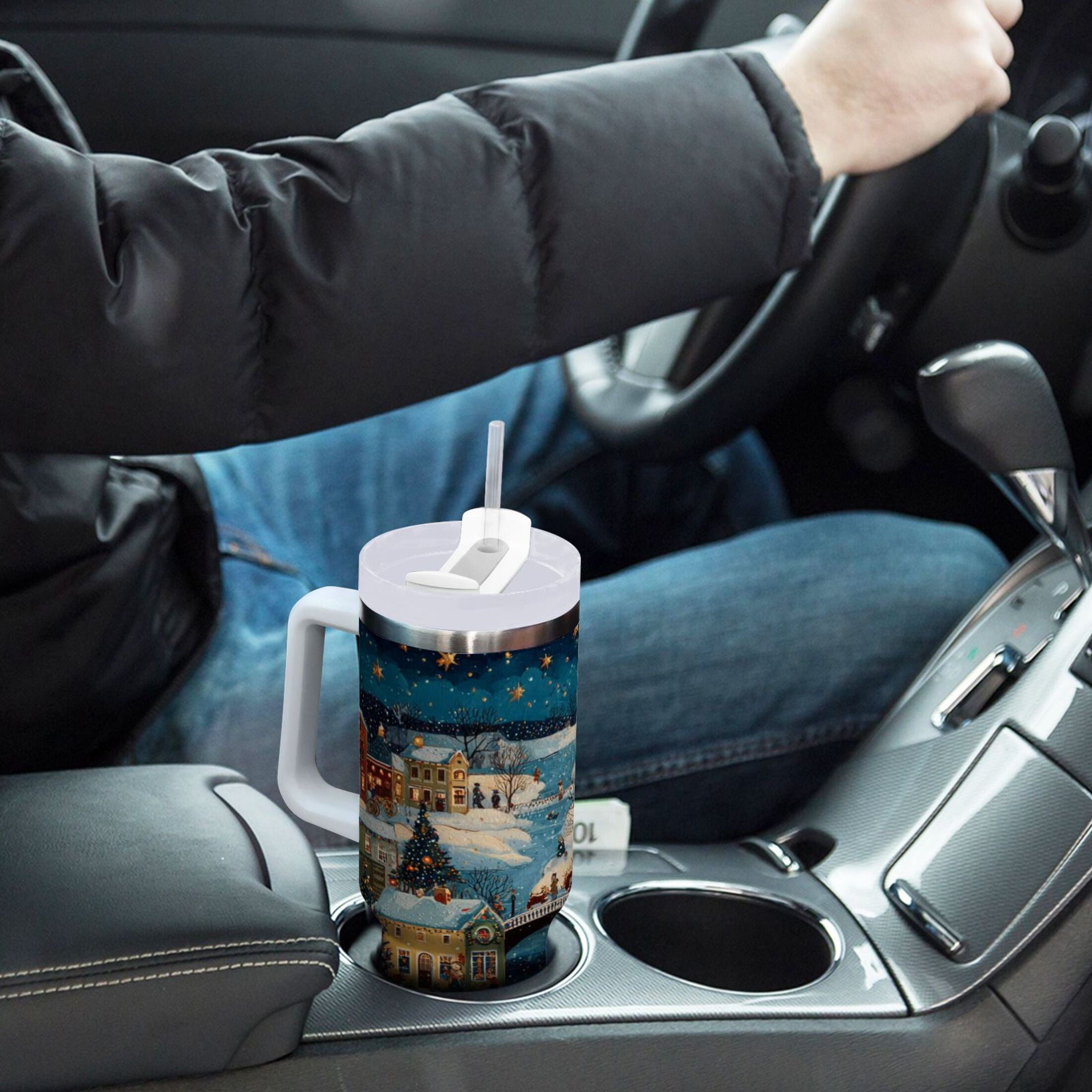 30 oz Insulated Stainless Steel Tumbler Double Wall Stainless Steel Tumbler with 2-Way Drinking Whimsical Christmas Scene Edition-NG7S